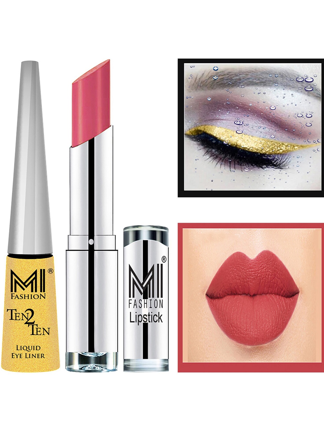 

MI FASHION Set of Ten2Ten Liquid Eyeliner - 02 & Creme Matte Lipstick - 24, Pink
