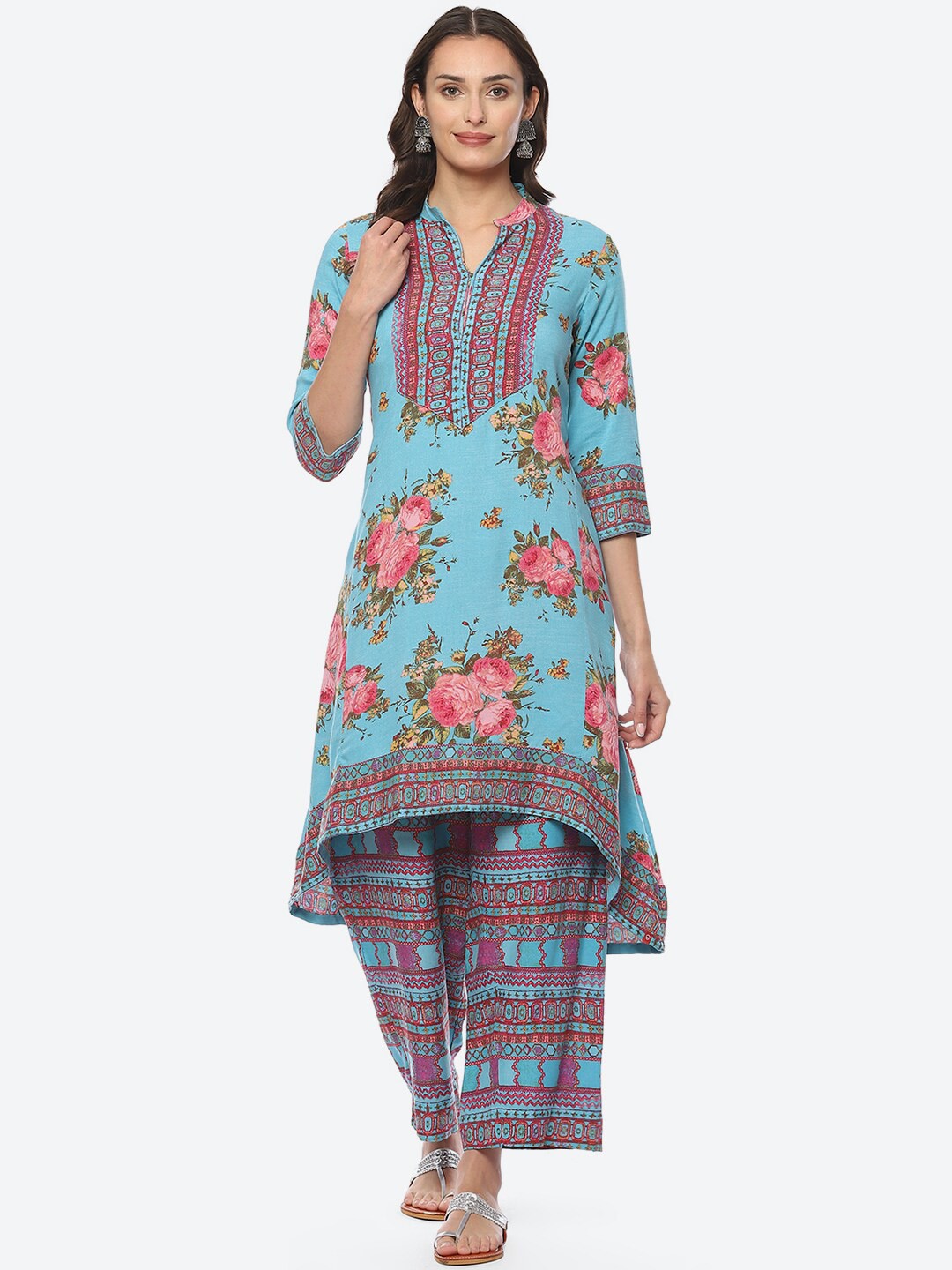 

Biba Band Collar Floral Printed A-line Kurta With Palazzos, Turquoise blue
