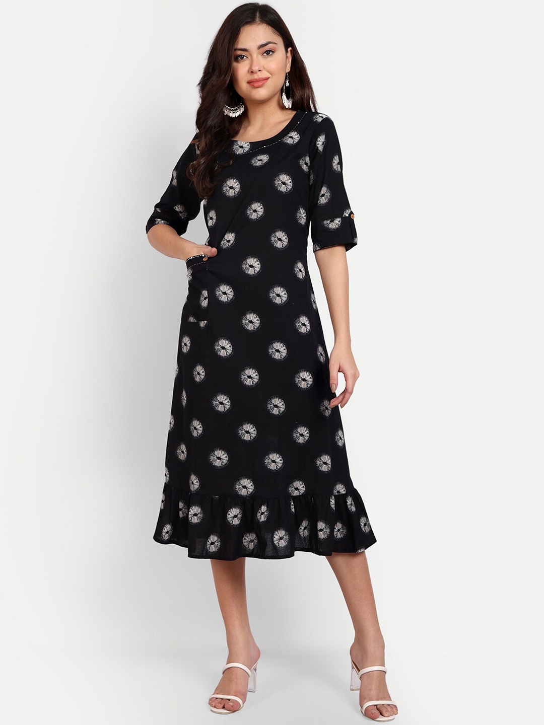 

Haute and Humble Tie-Dye Printed Cotton A-Line Midi Dress, Black