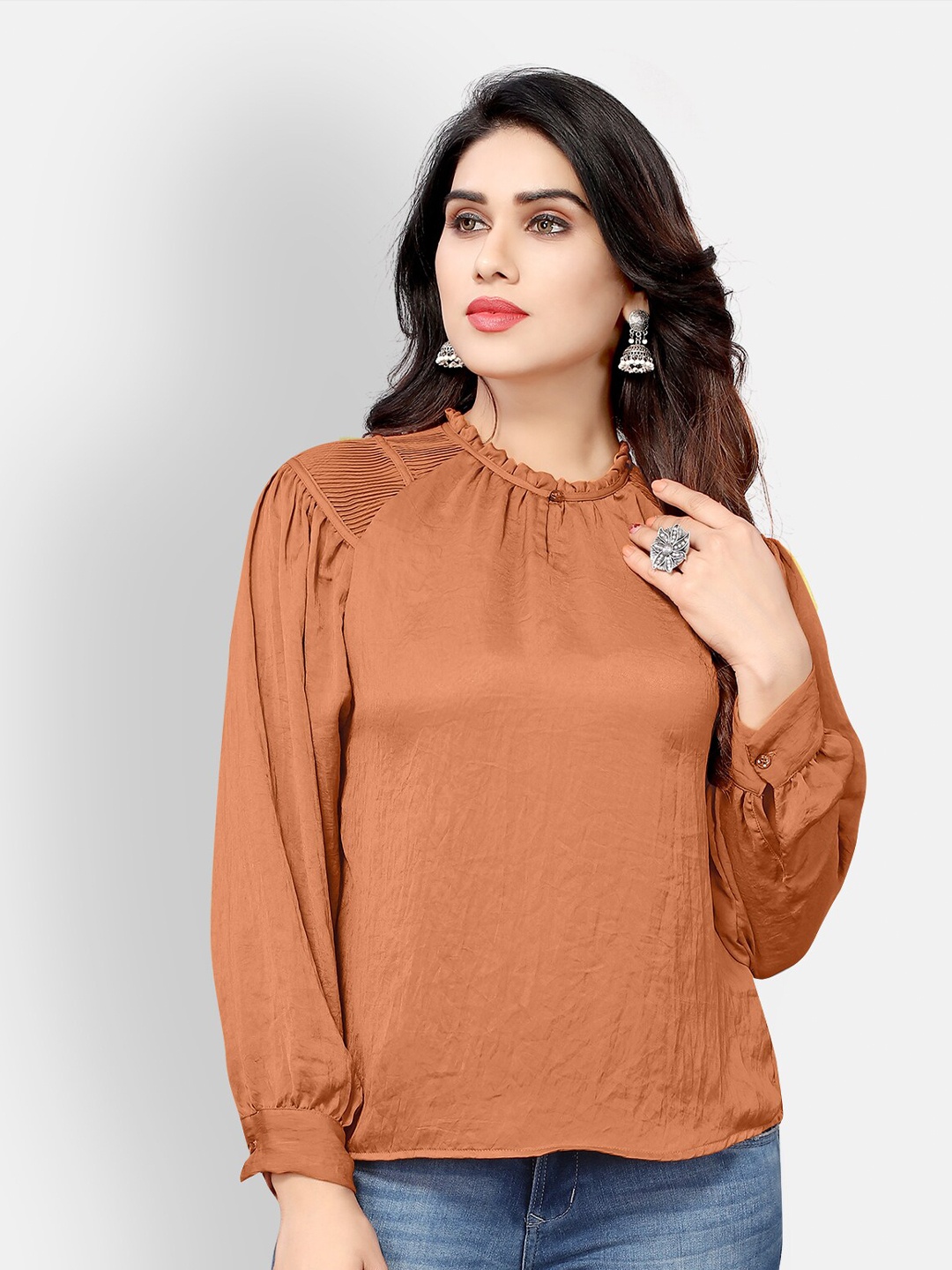 

Mclothings Hummer Gathered Keyhole Neck Cuffed Sleeves Satin Top, Brown