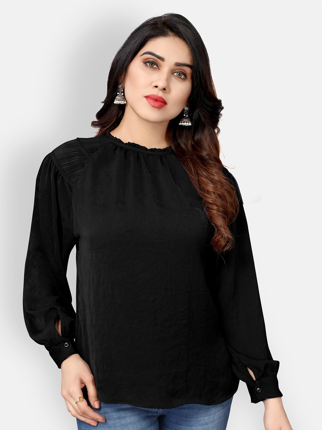 

Mclothings Hummer Gathered Keyhole Neck Cuffed Sleeves Satin Top, Black
