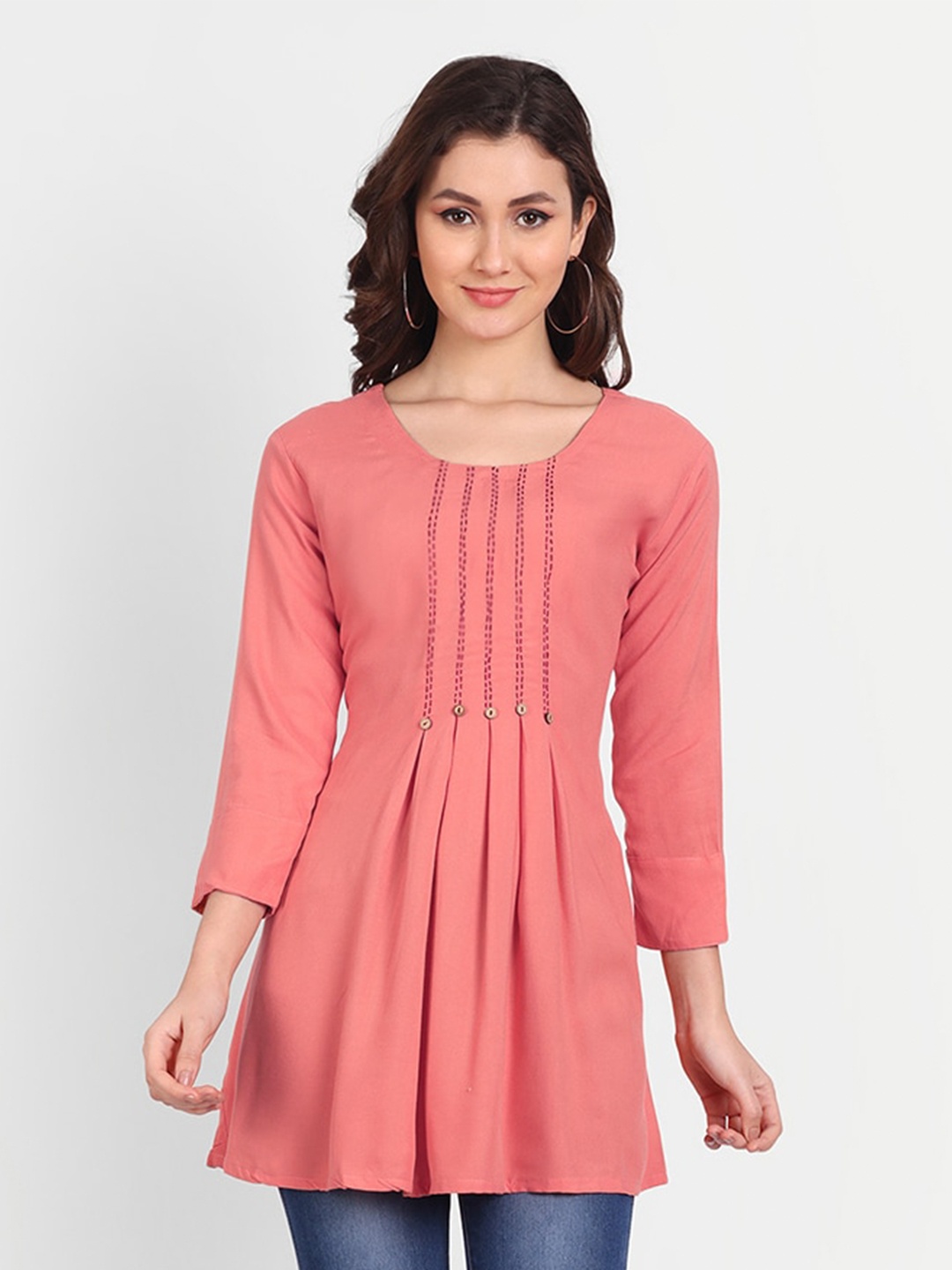 

Mclothings Round Neck Embroidered A-Line Tunic, Peach