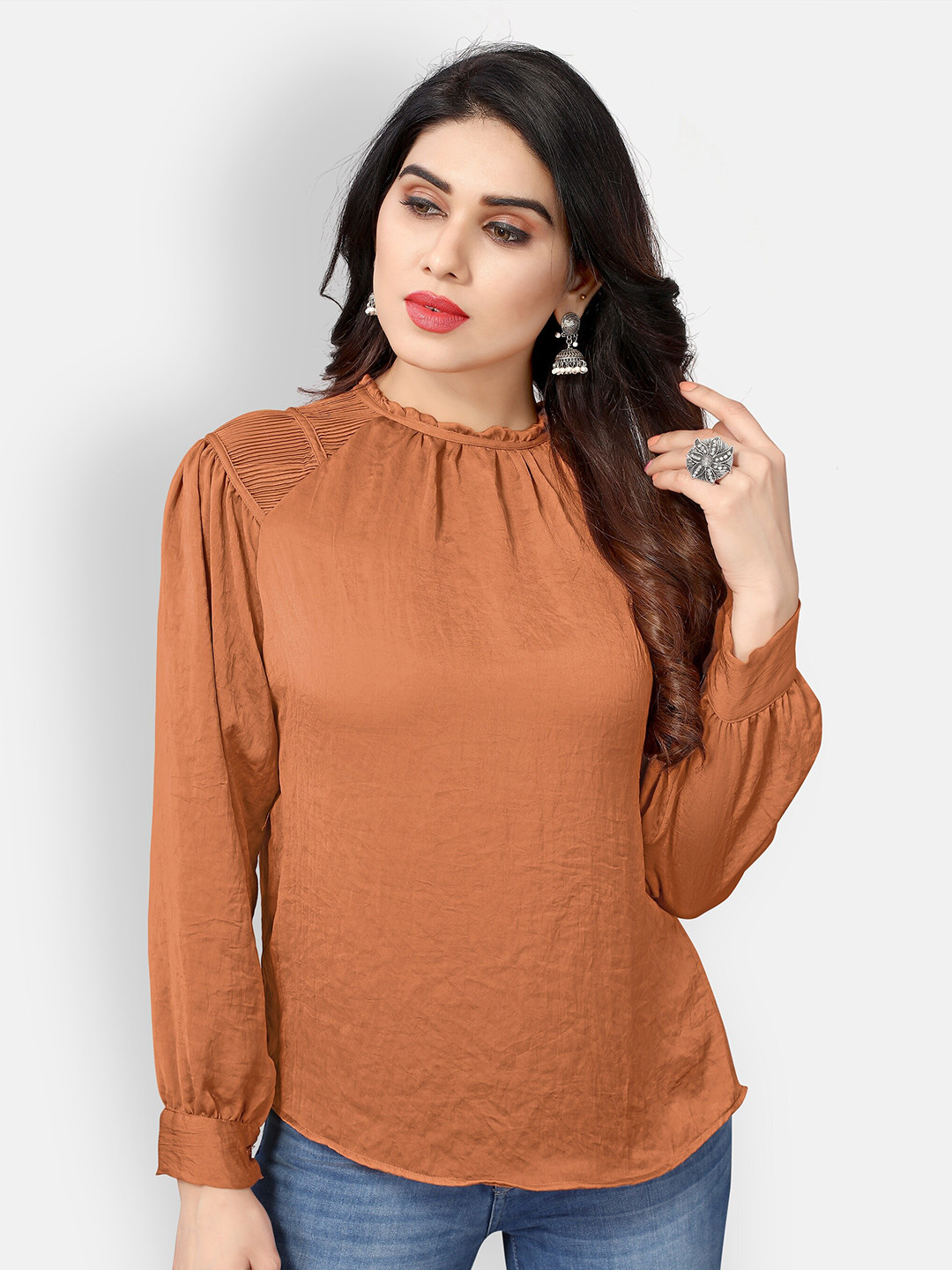 

Mclothings Gathered Or Pleated Cuffed Sleeves High Neck Top, Brown