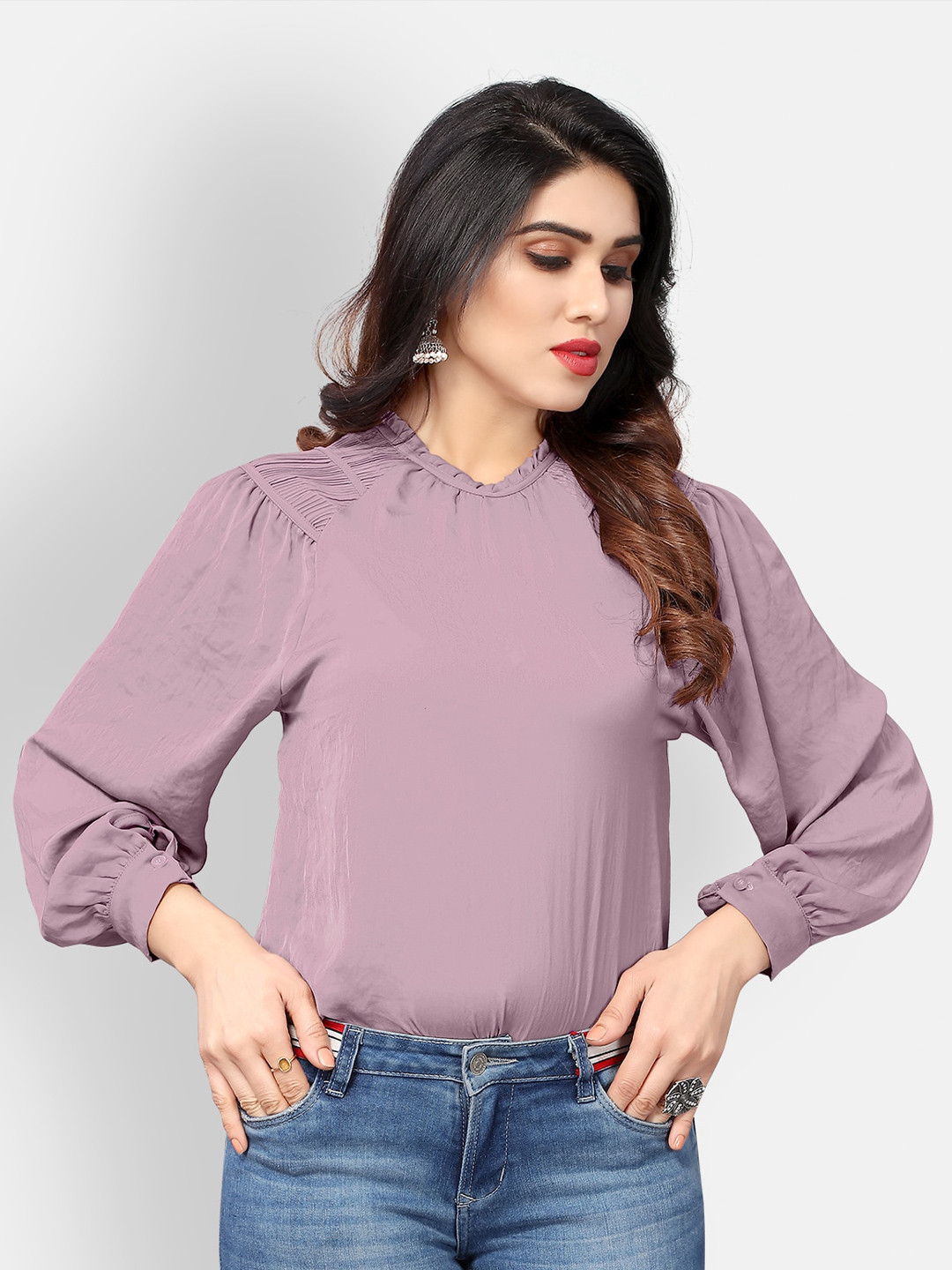 

Mclothings High Neck Cuffed Sleeves Satin Blouson Top, Purple