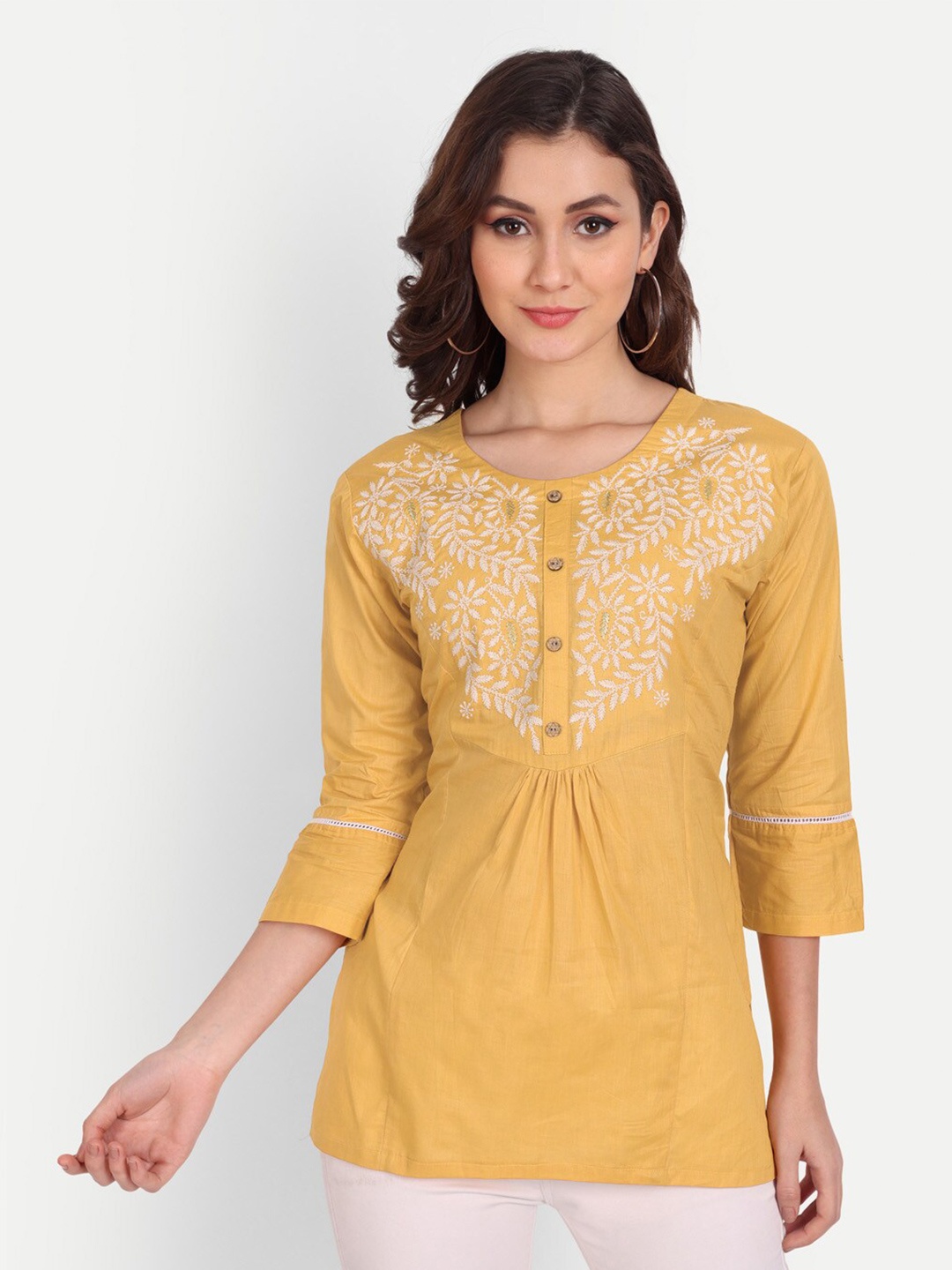 

Mclothings Ethnic Motif Embroidered Pure Cotton Tunic, Yellow