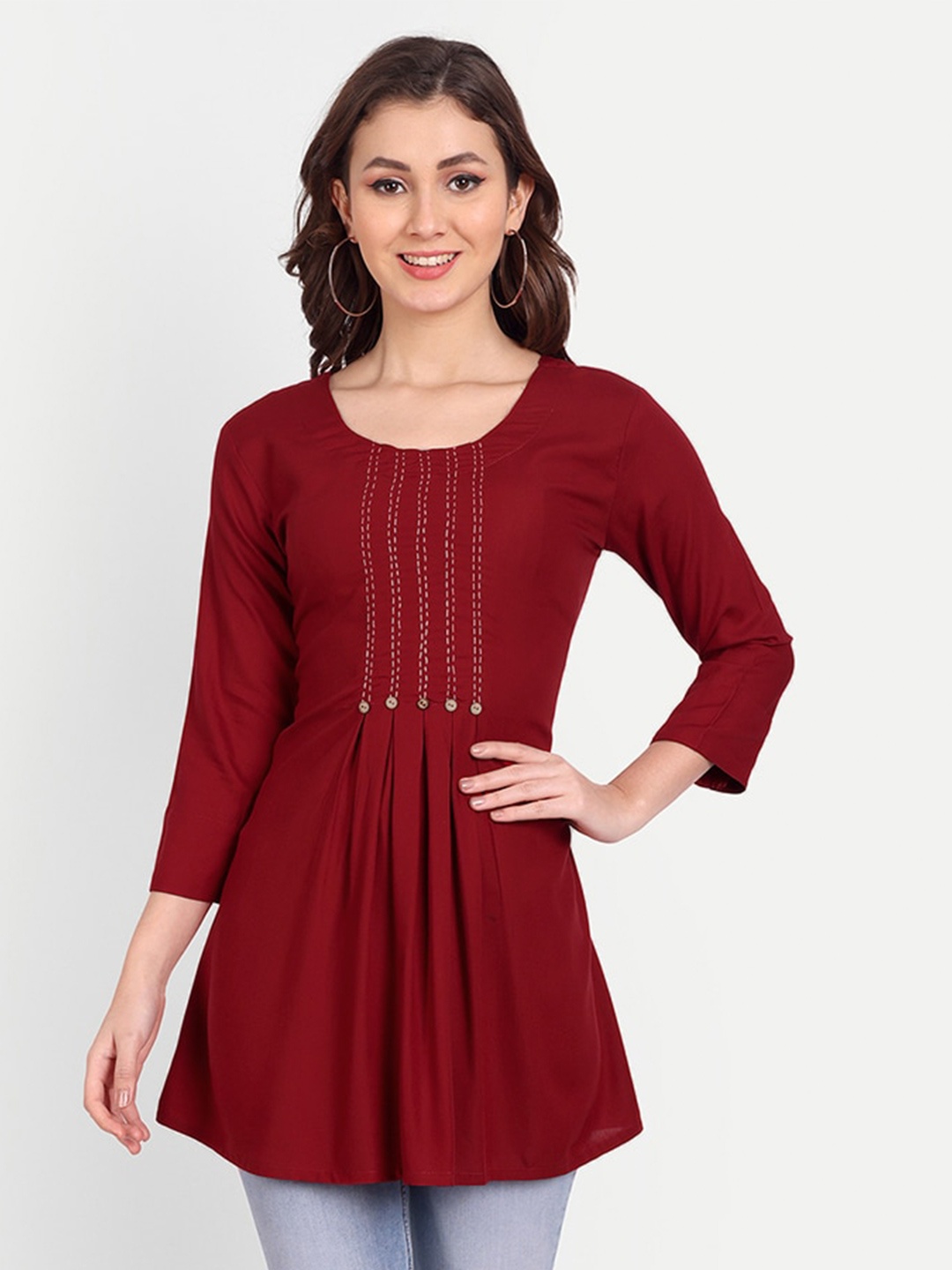 

Mclothings Scoop Neck Pleated Longline A-Line Top, Maroon