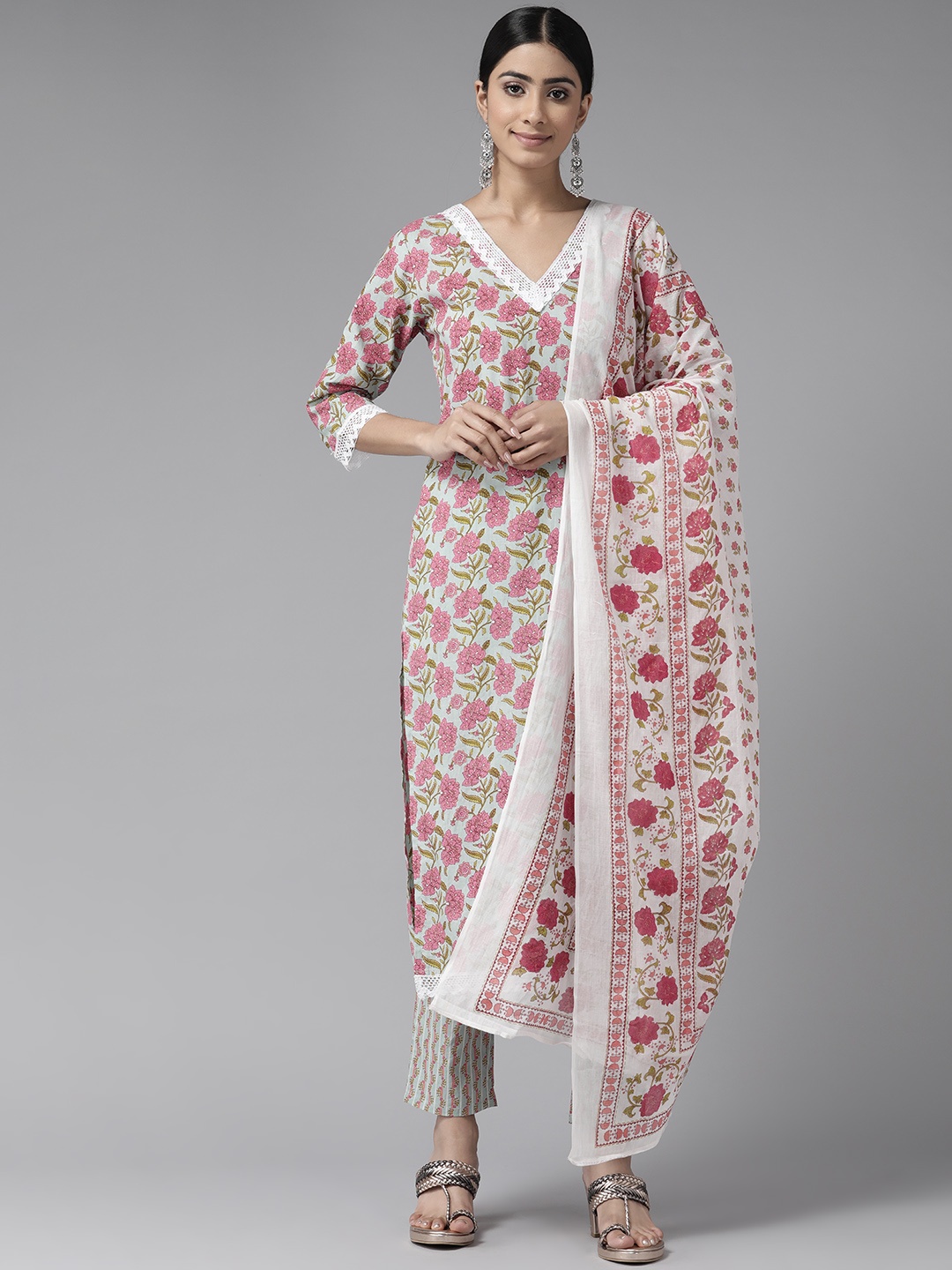 

Ginni Arora Label Floral Printed Pure Cotton Kurta with Trousers & Dupatta, Blue