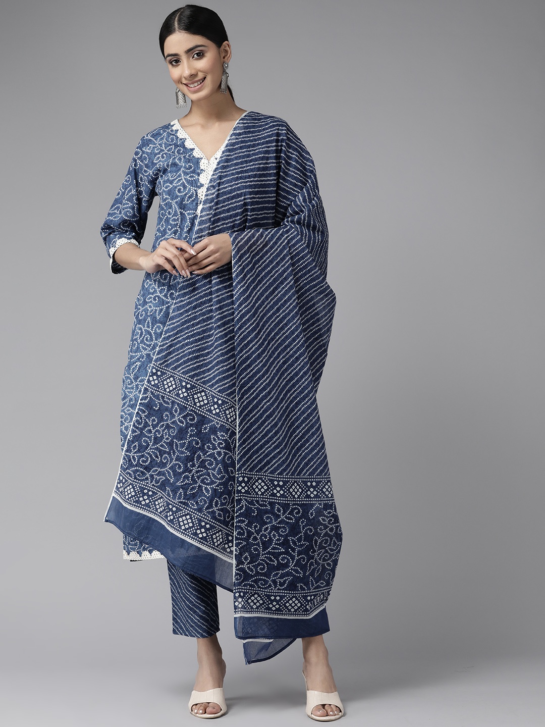 

Ginni Arora Label Bandhani Printed Mirror Work Pure Cotton Kurta with Trousers & Dupatta, Navy blue