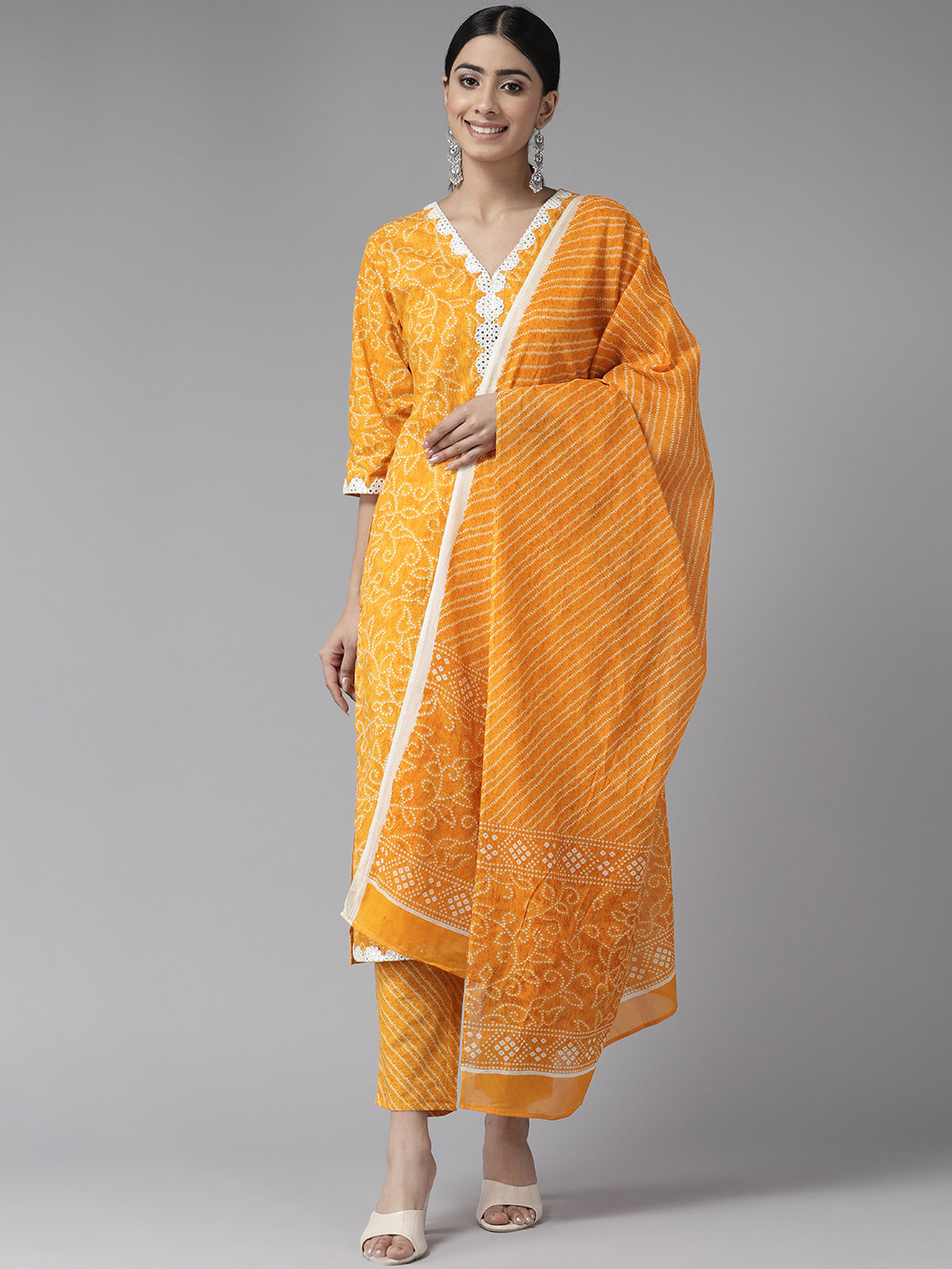 

Ginni Arora Label Floral Printed Mirror Work Pure Cotton Kurta with Trousers & Dupatta, Yellow