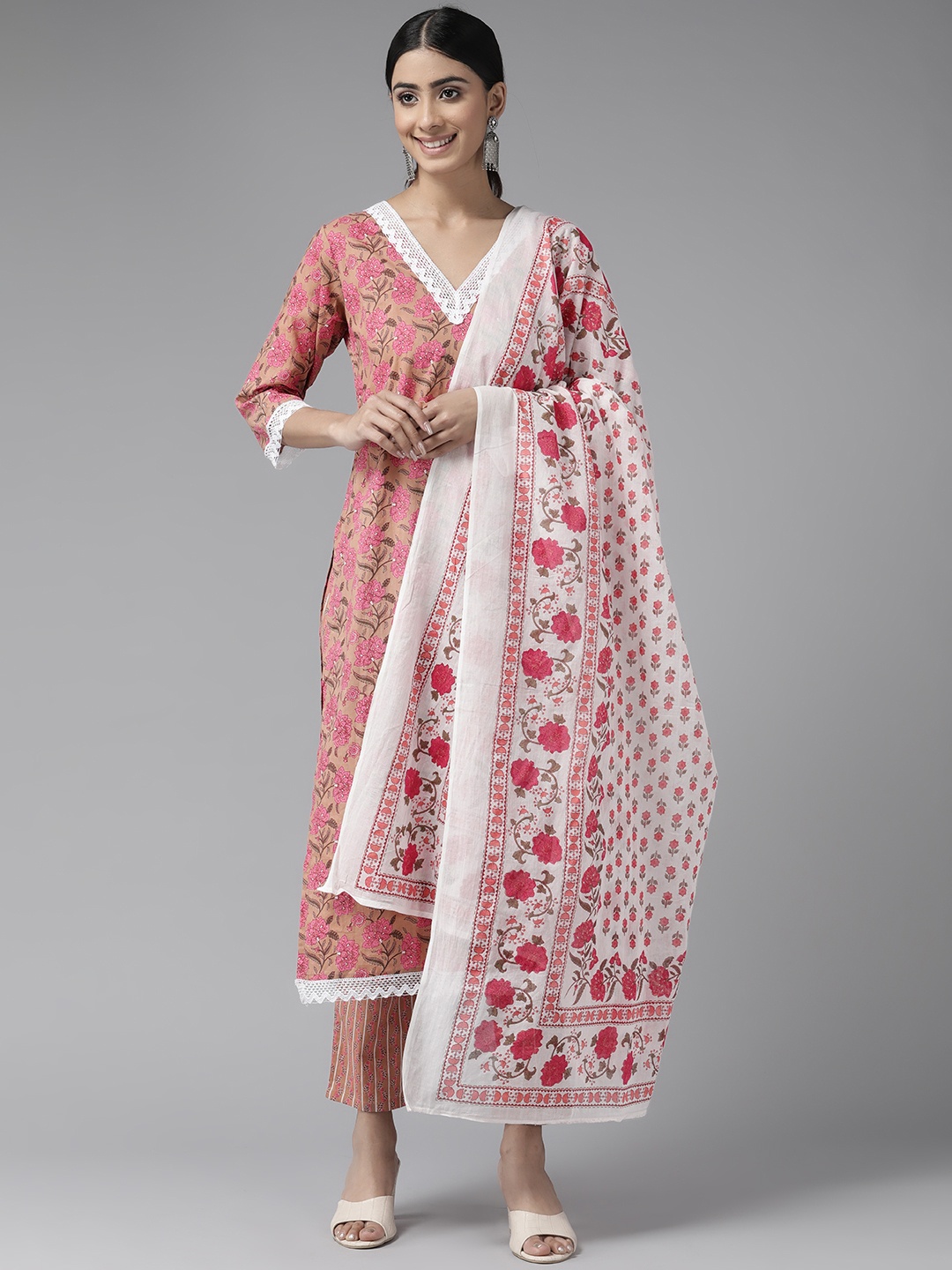 

Ginni Arora Label Floral Printed Pure Cotton Kurta with Trousers & Dupatta, Brown