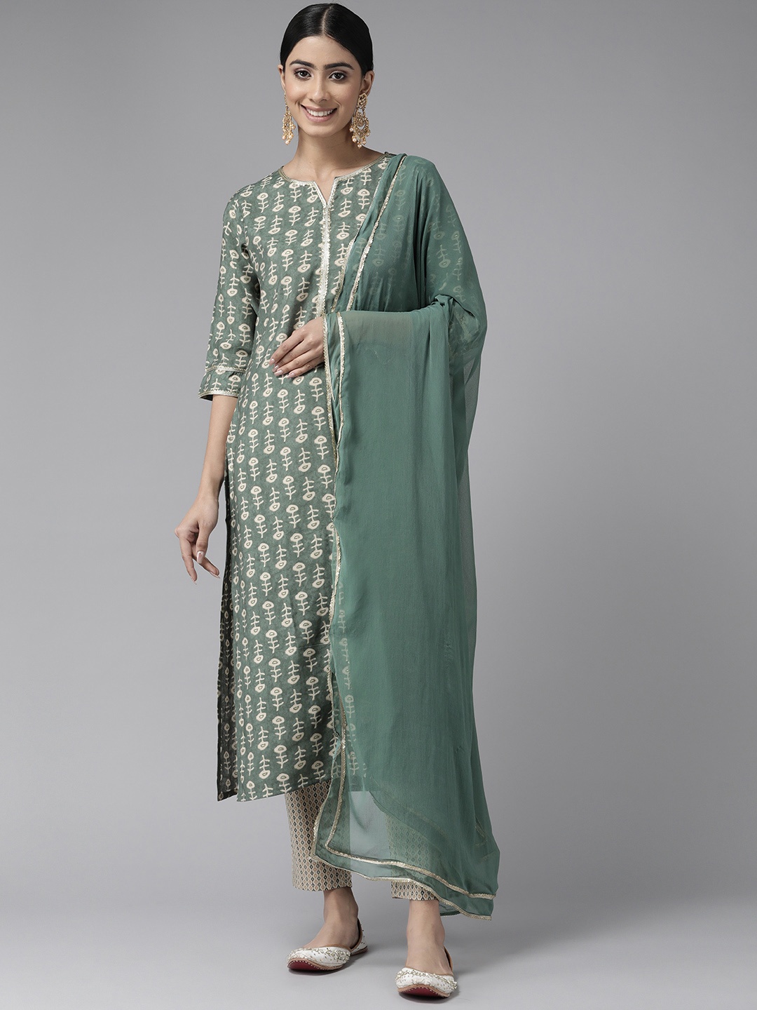 

Ginni Arora Label Ethnic Motifs Printed Chanderi Silk Kurta with Trousers & Dupatta, Green