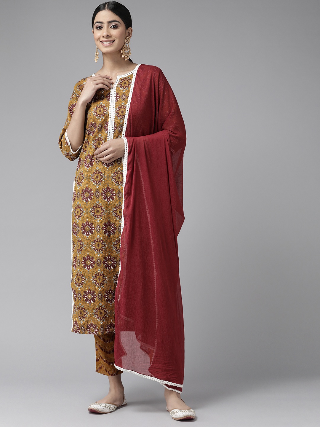 

Ginni Arora Label Ethnic Motifs Printed Pure Cotton Kurta with Trousers & Dupatta, Mustard
