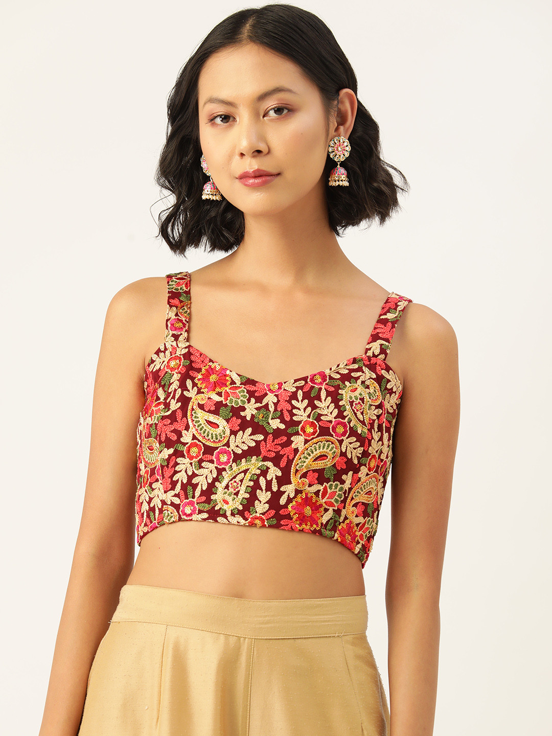 

Molcha Kashmiri Embroidered Non Padded Cotton Saree Blouse, Maroon
