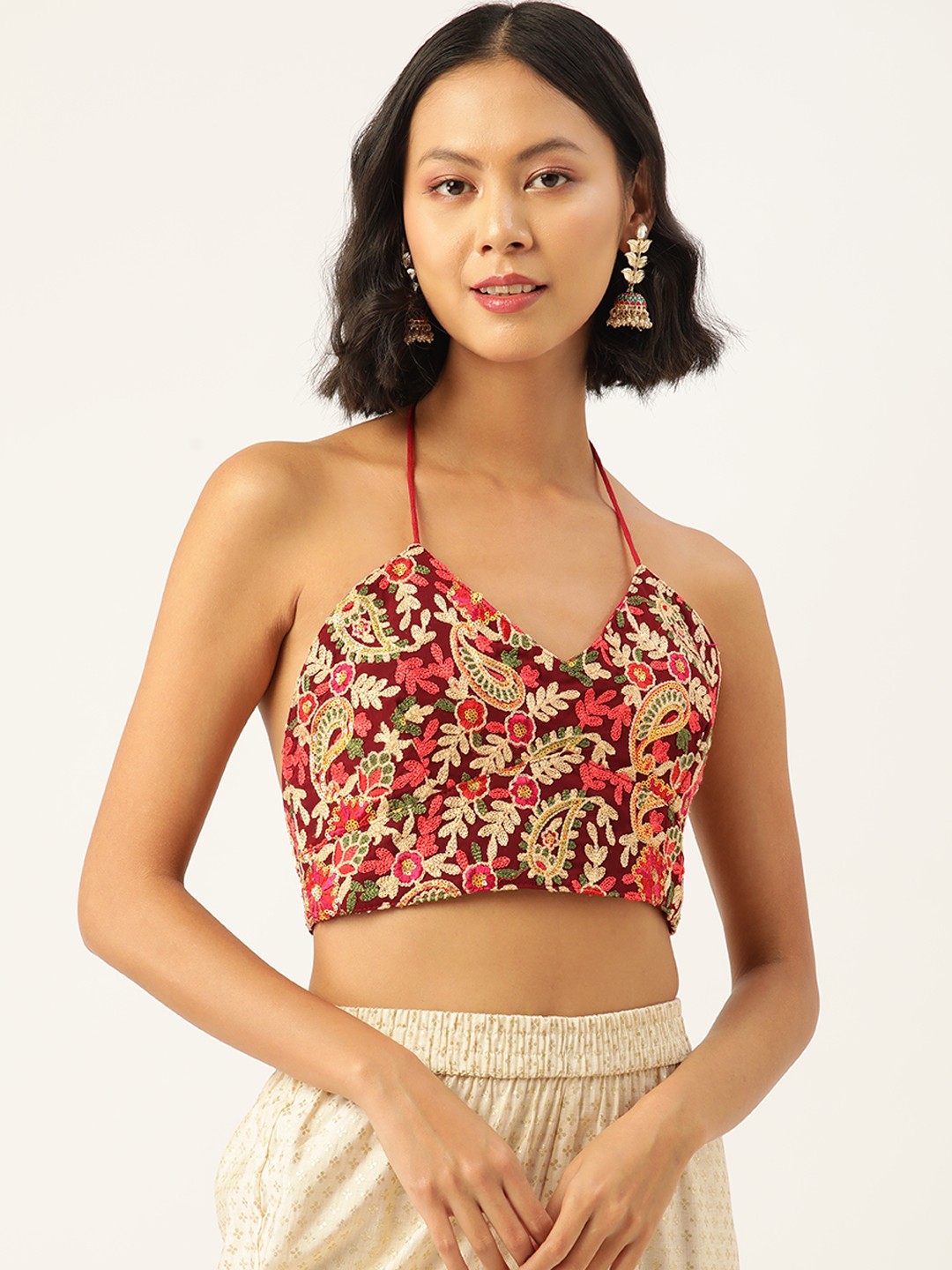 

Molcha Kashmiri Embroidered Padded Georgette Saree Blouse, Maroon