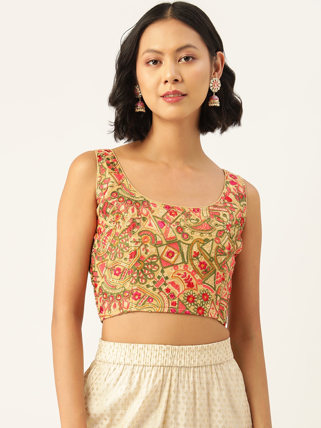 

Molcha Kashmiri Embroidered Non Padded Cotton Saree Blouse, Beige