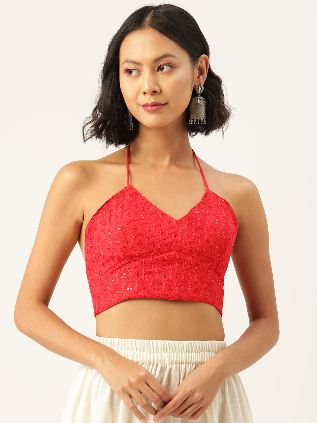 

Molcha Chikankari Embroidered Non Padded Cotton Saree Blouse, Red