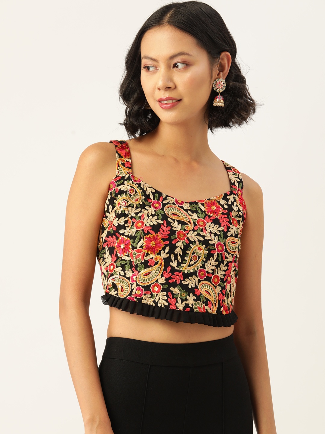 

Molcha Kashmiri Embroidered Non Padded Cotton Saree Blouse, Black