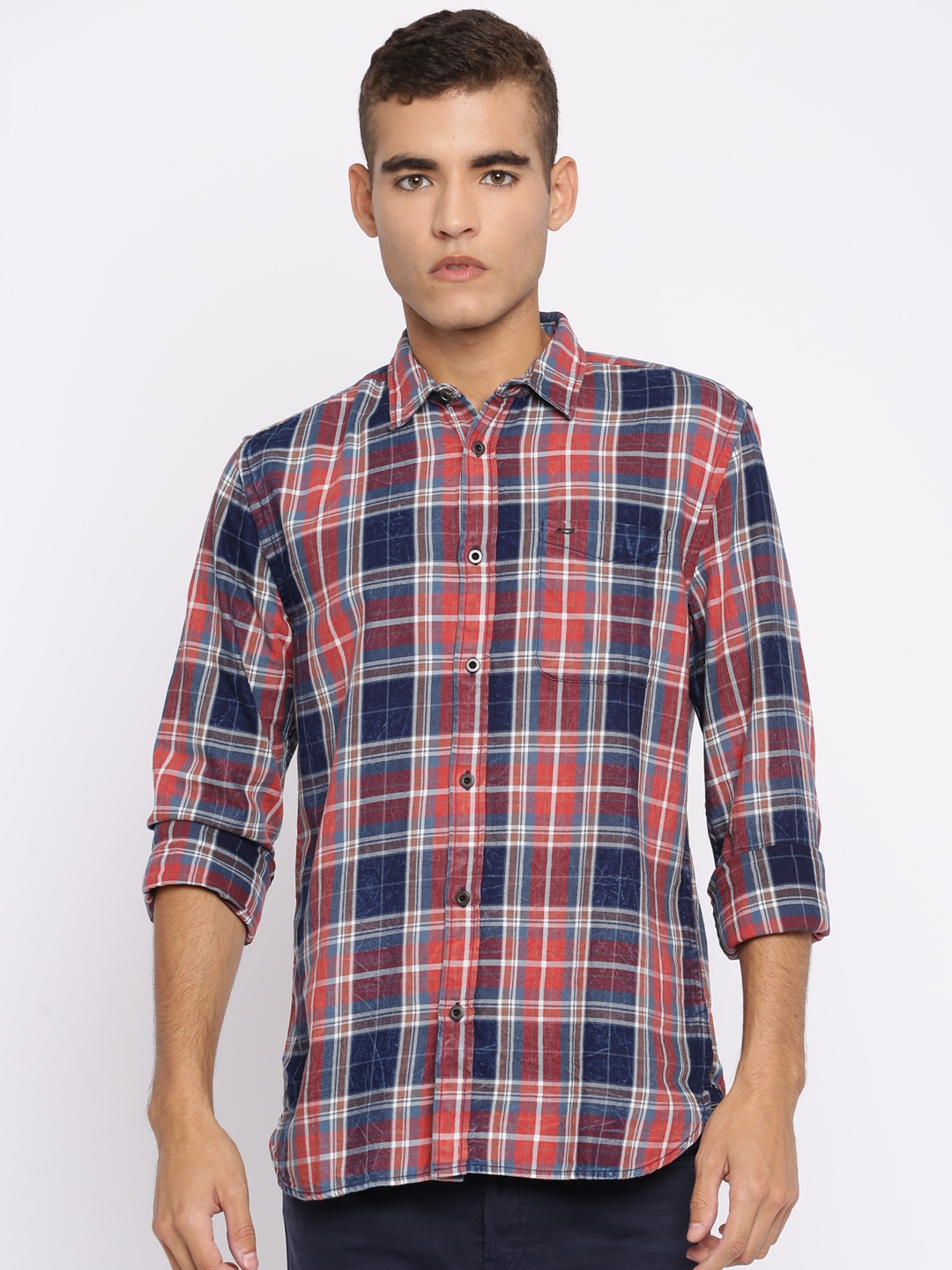 

Jack & Jones Men Navy Blue & Coral Pink Slim Fit Checked Casual Shirt