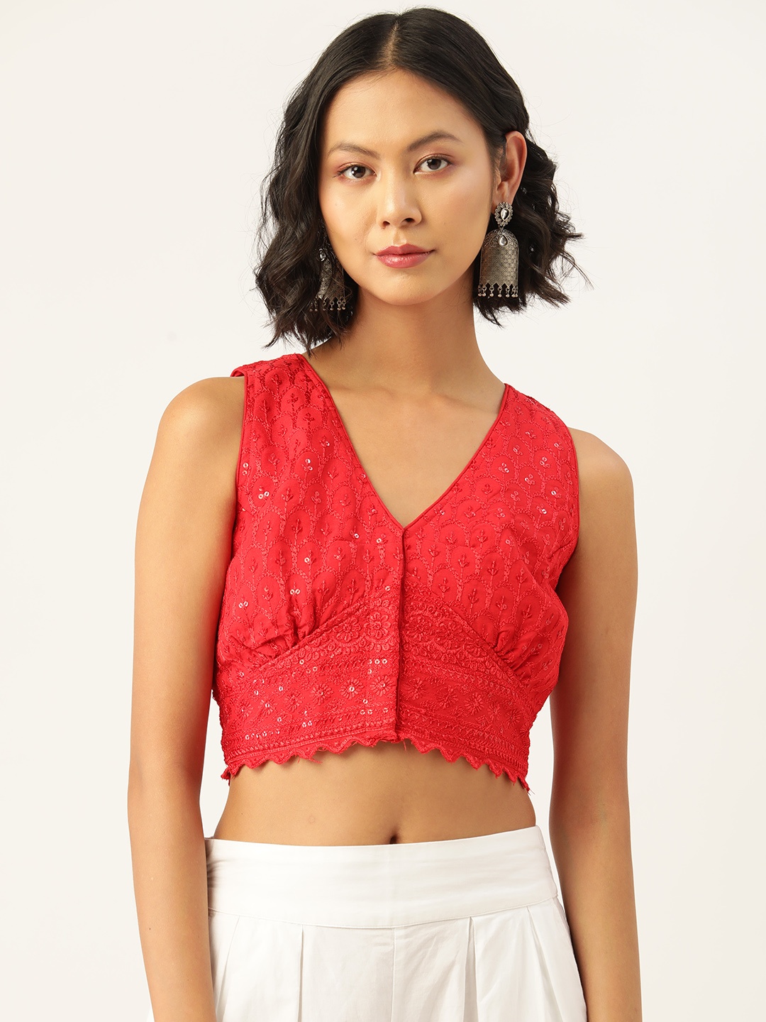 

Molcha Chikankari Embroidered Sequinned Saree Blouse, Red