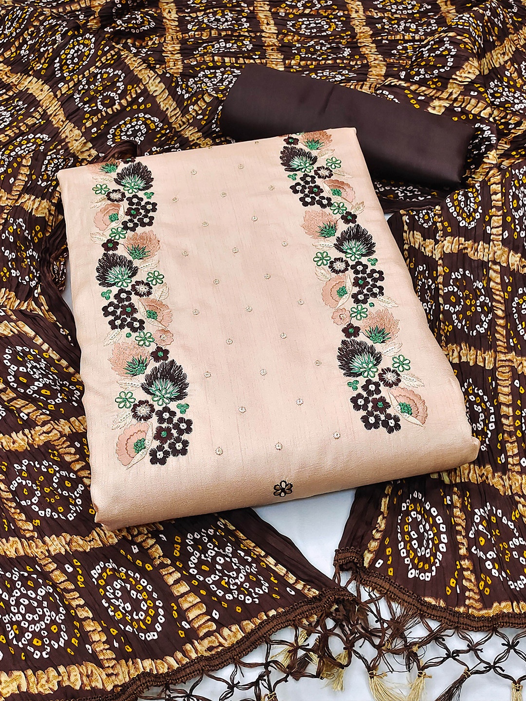 

KALINI Embroidered Pure Silk Unstitched Dress Material, Beige