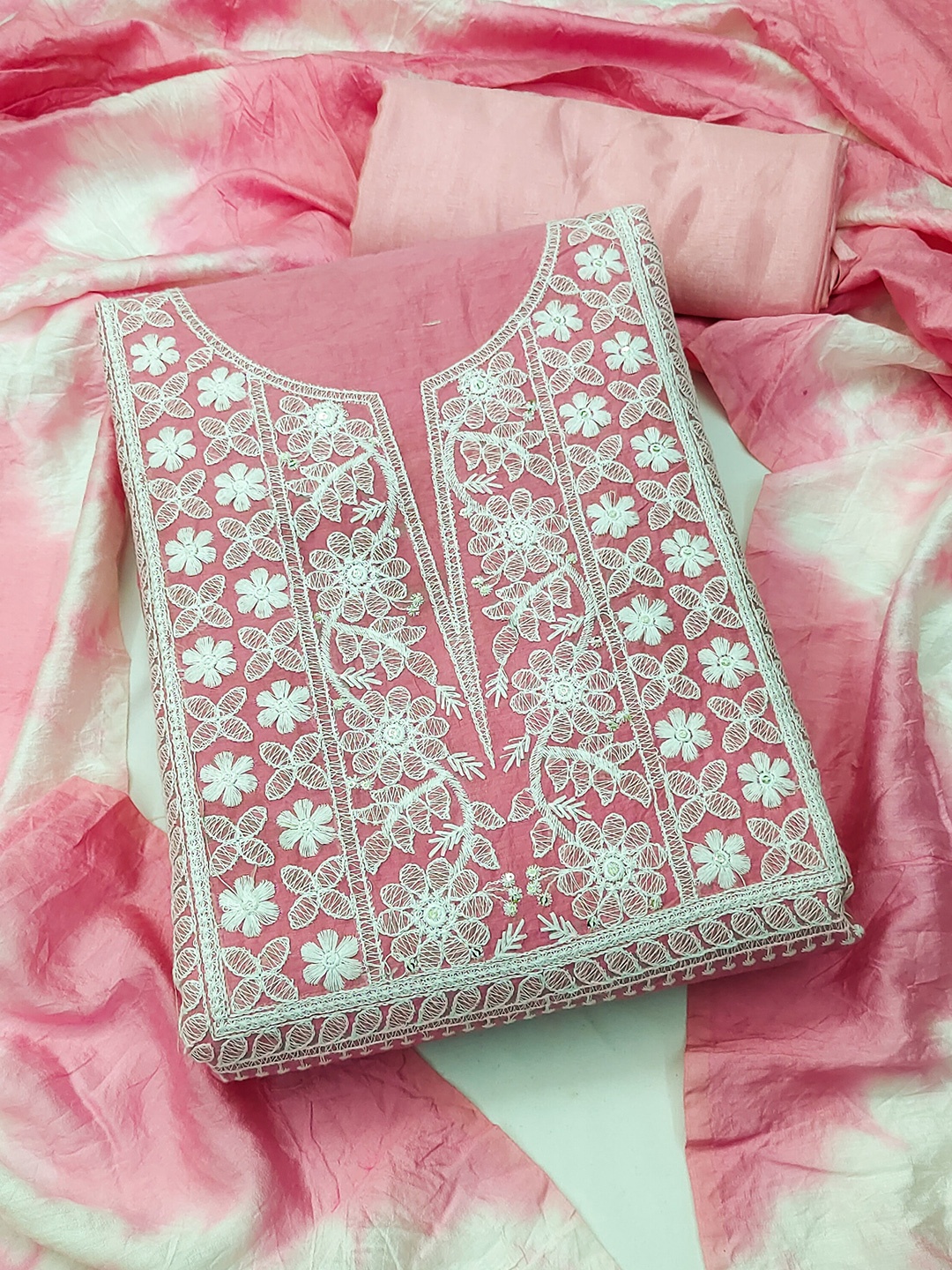 

KALINI Embroidered Unstitched Dress Material, Pink