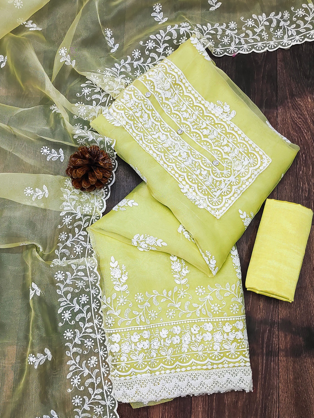 

KALINI Embroidered Organza Unstitched Dress Material, Lime green