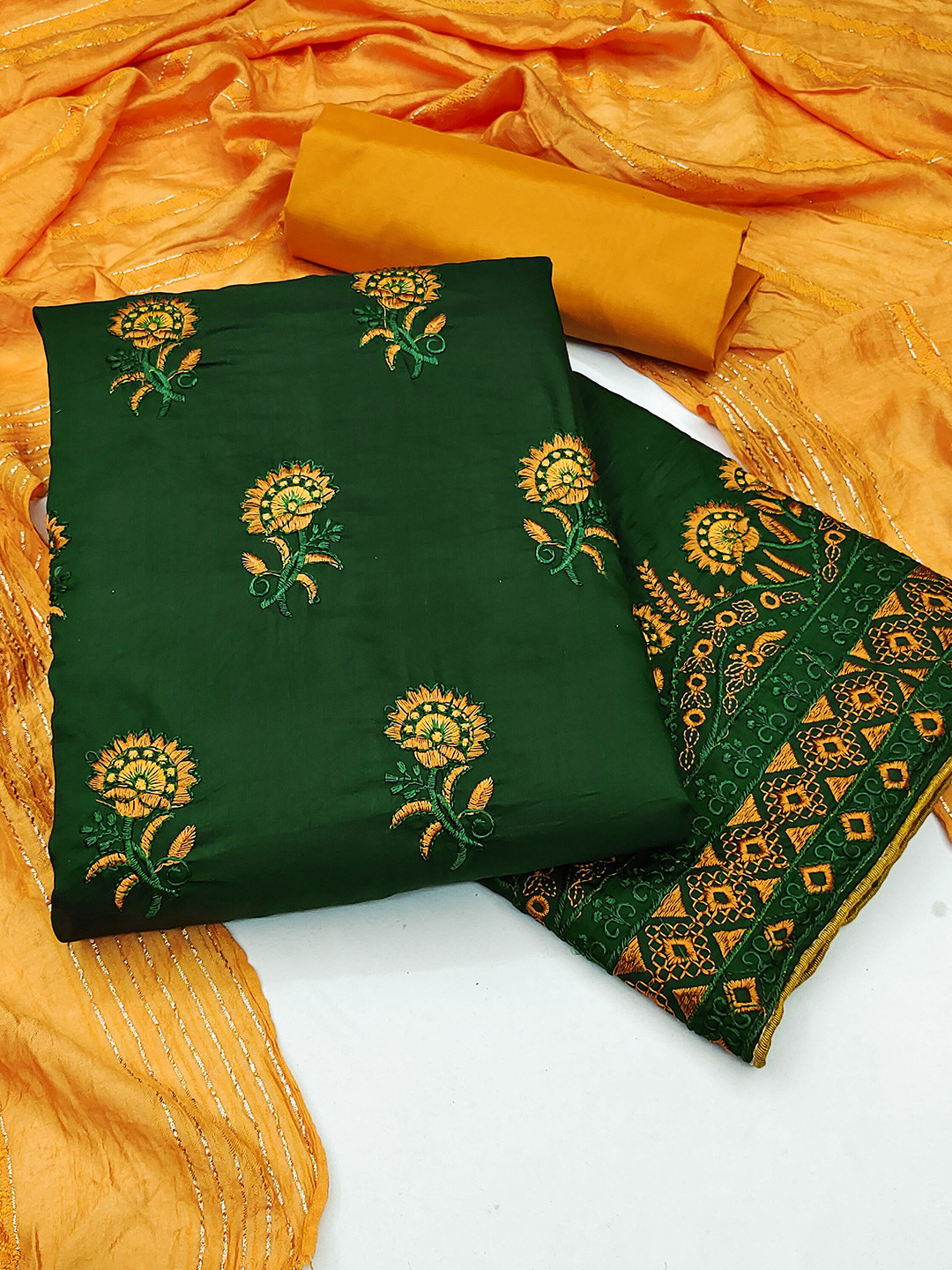 

KALINI Embroidered Pure Silk Unstitched Dress Material, Green