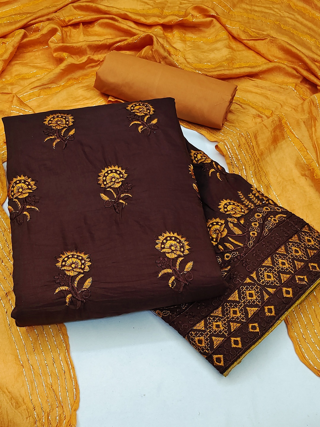 

KALINI Floral Embroidered Pure Silk Unstitched Dress Material, Brown