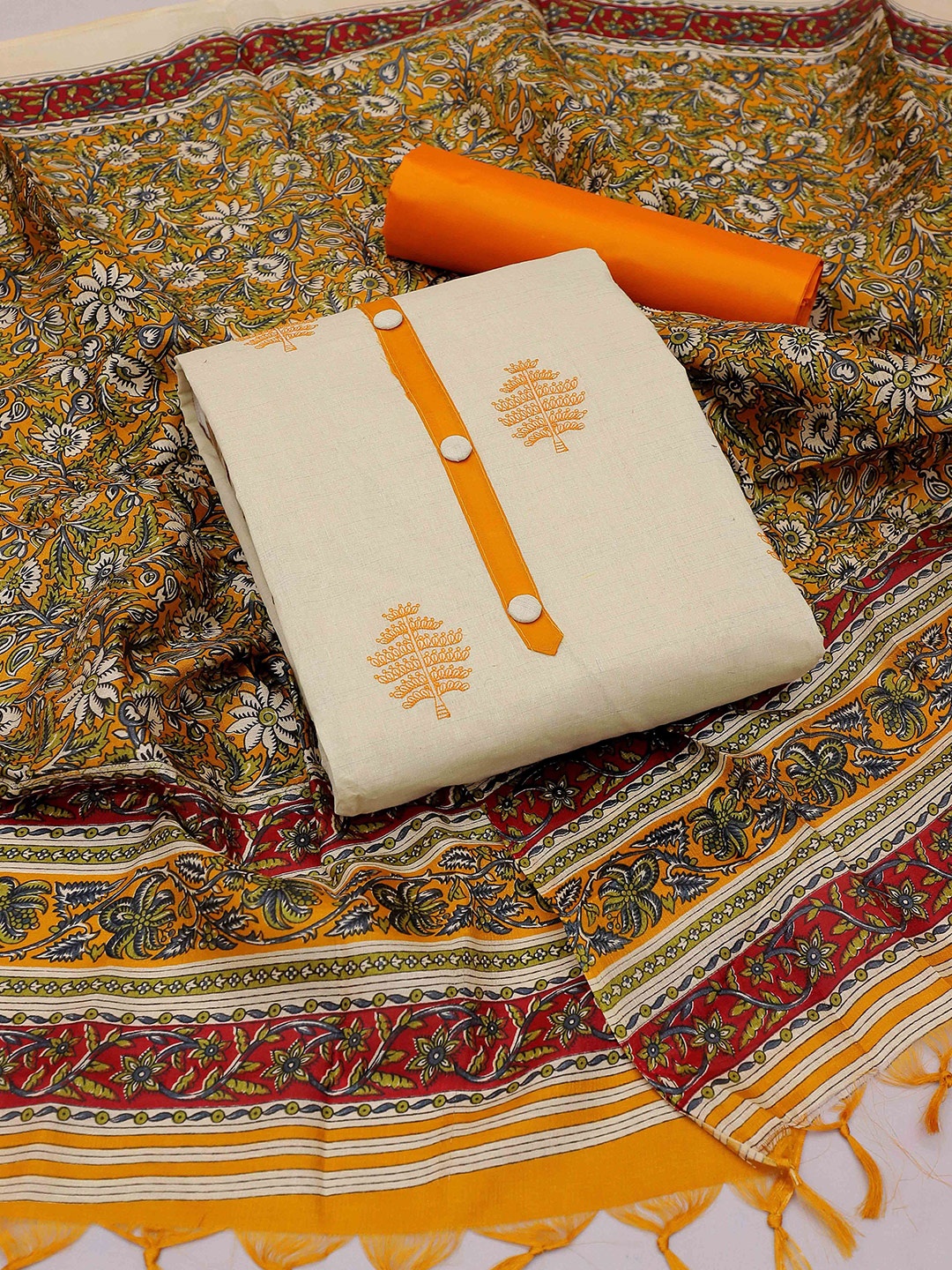 

KALINI Embroidered Pure Cotton Unstitched Dress Material, Beige