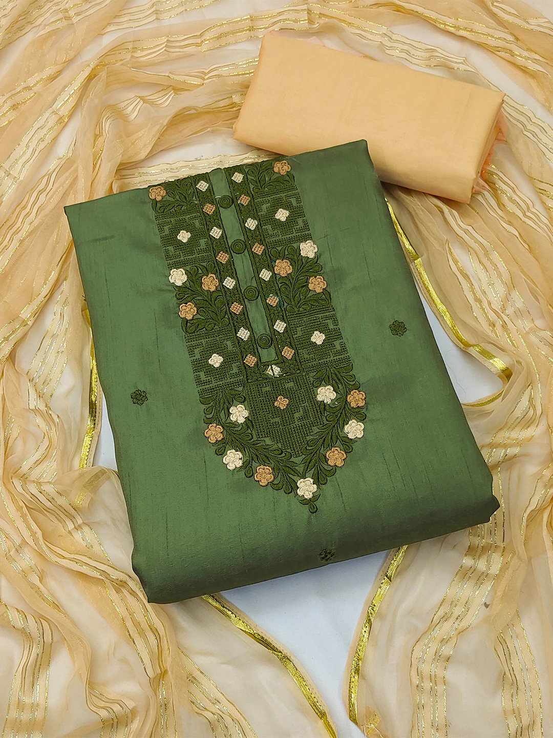 

KALINI Embroidered Unstitched Dress Material, Olive
