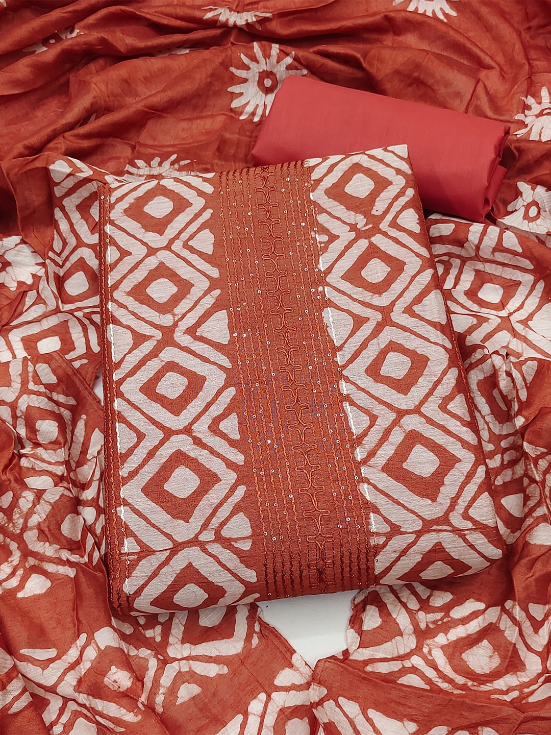 

KALINI Embroidered Pure Cotton Unstitched Dress Material, Rust