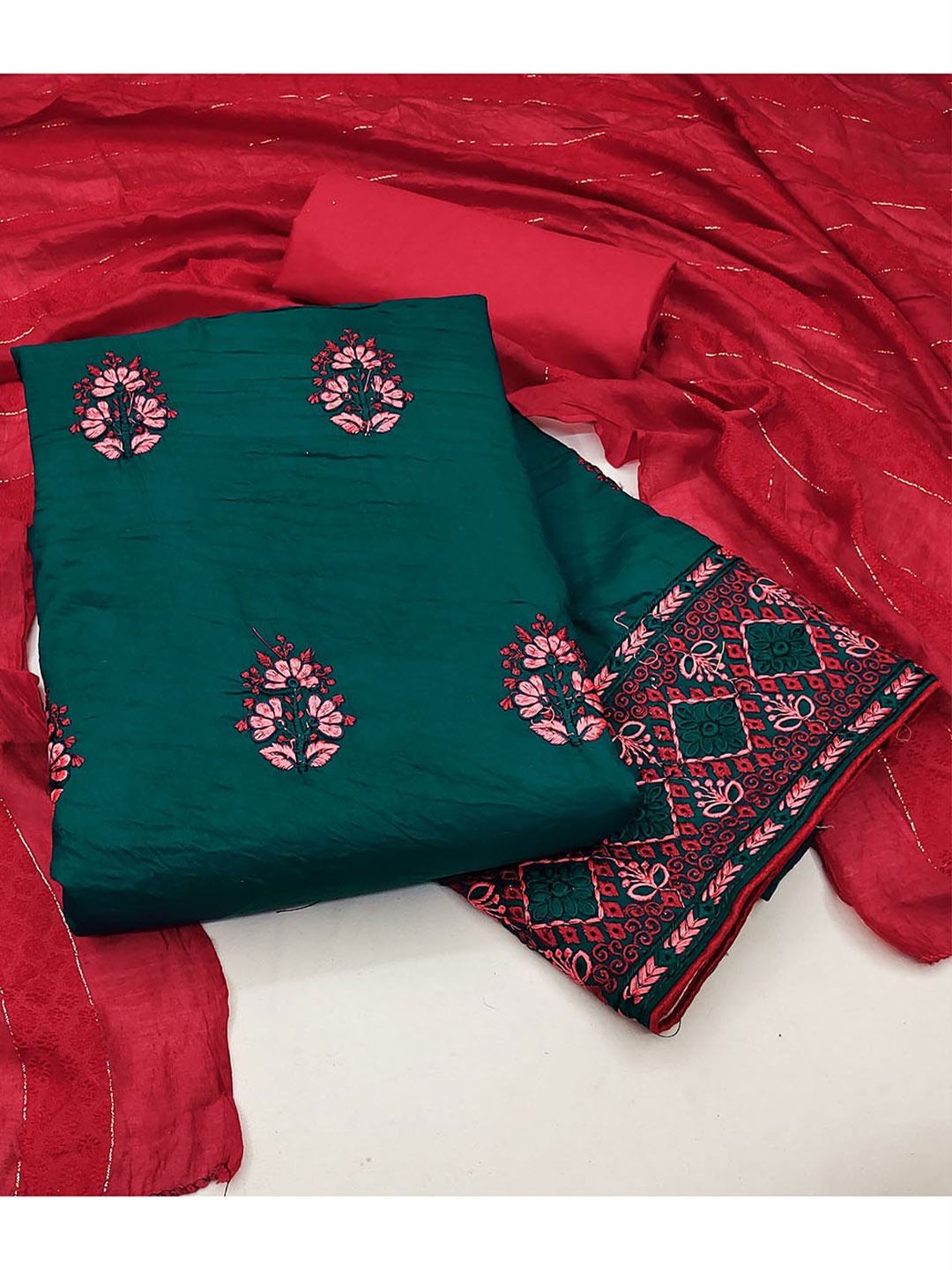 

KALINI Embroidered Pure Silk Unstitched Dress Material, Teal