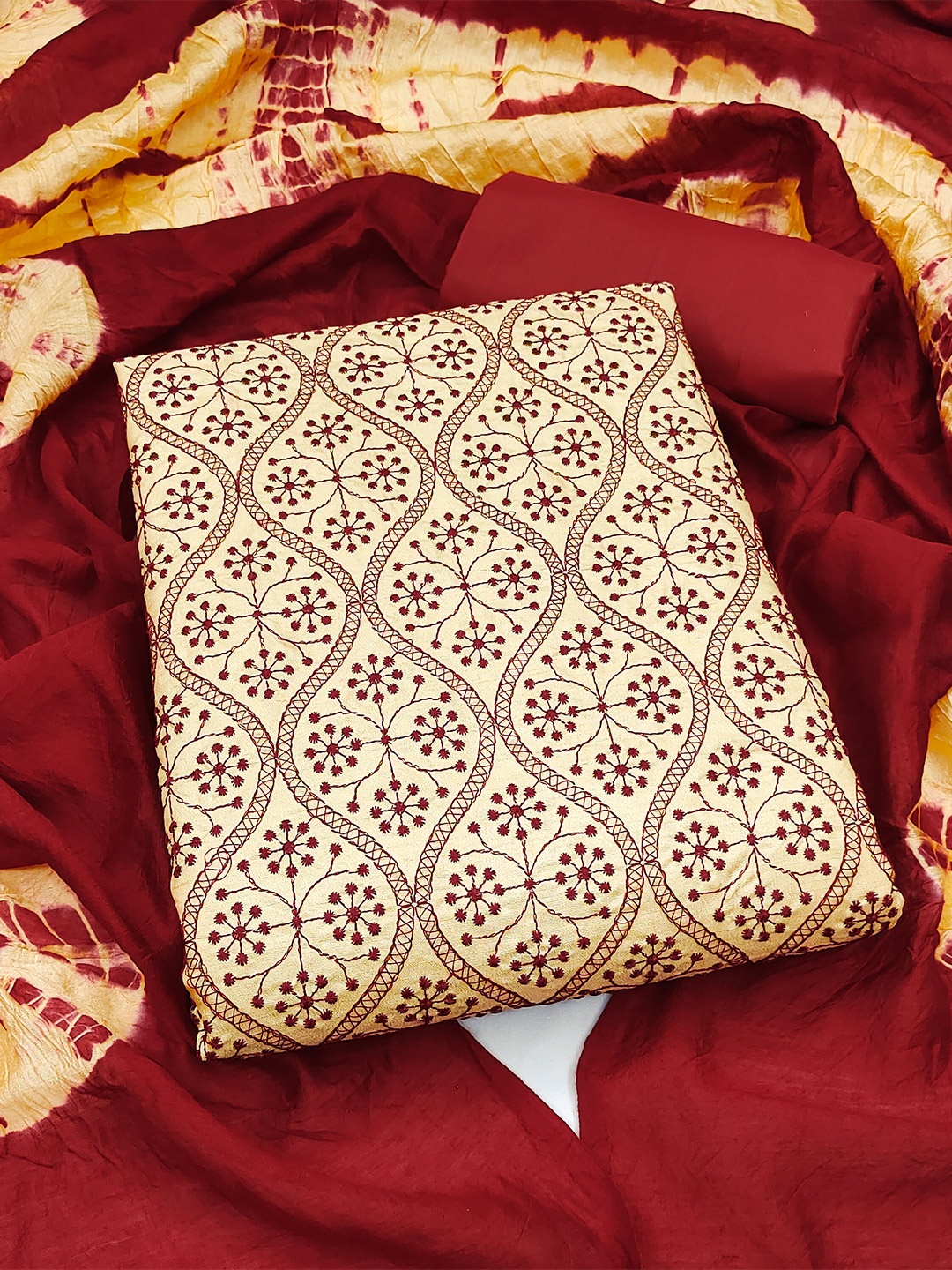 

KALINI Embroidered Pure Silk Unstitched Dress Material, Beige