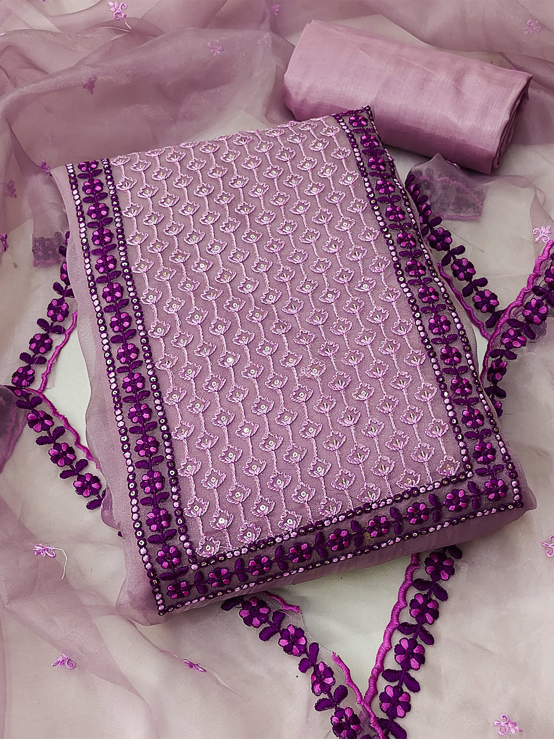 

KALINI Embroidered Organza Unstitched Dress Material, Purple