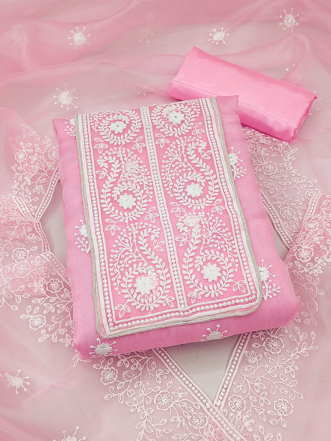 

KALINI Embroidered Organza Unstitched Dress Material, Pink