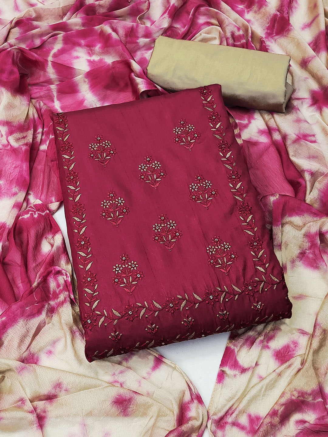 

KALINI Embroidered Pure Silk Unstitched Dress Material, Magenta