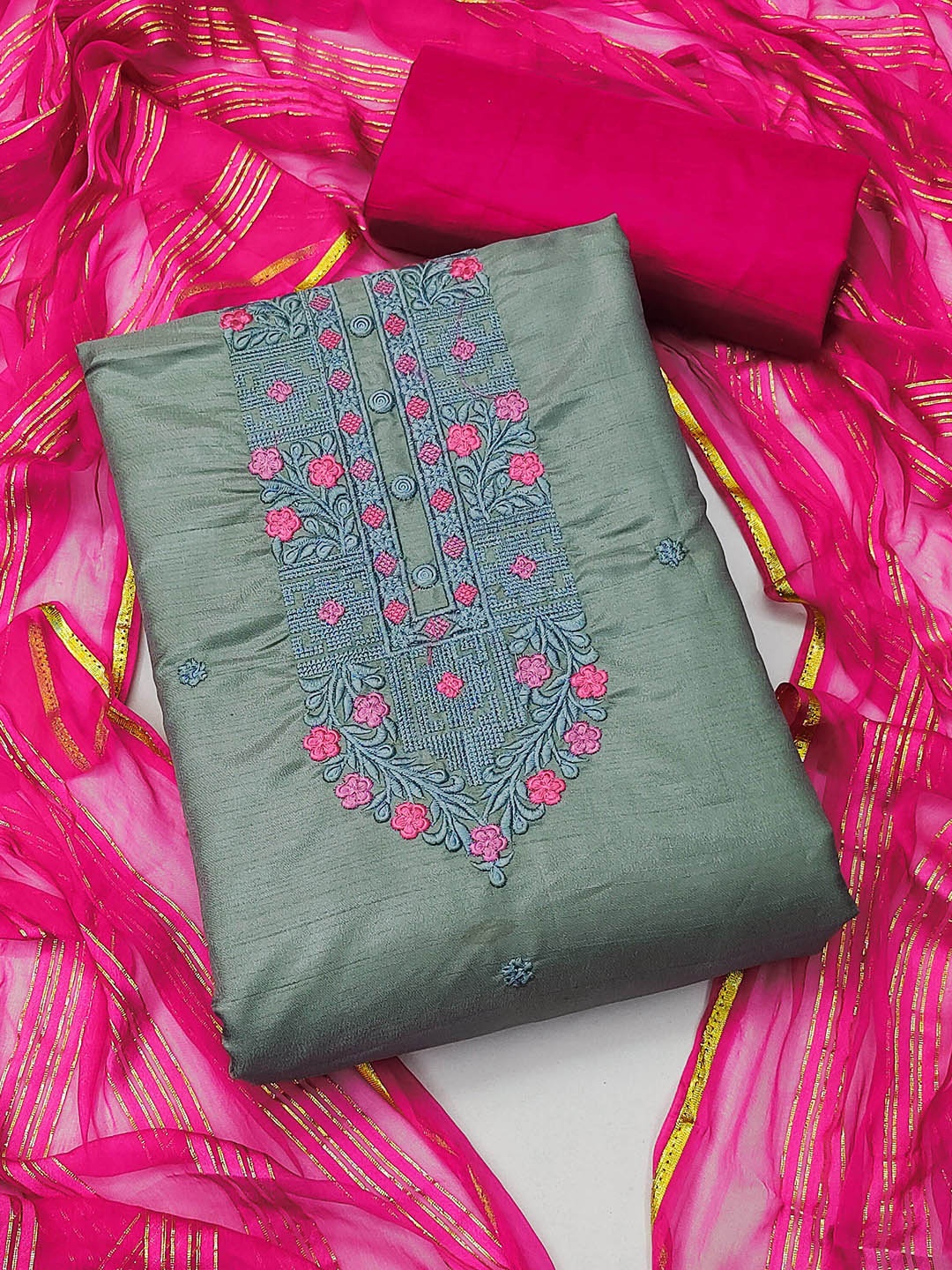 

KALINI Embroidered Unstitched Dress Material, Grey