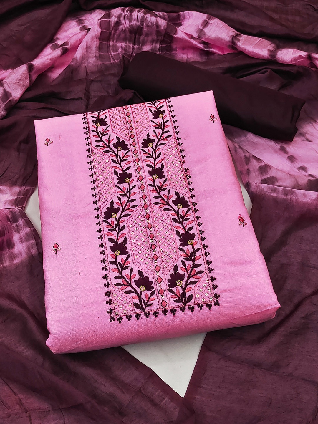

KALINI Embroidered Unstitched Dress Material, Pink