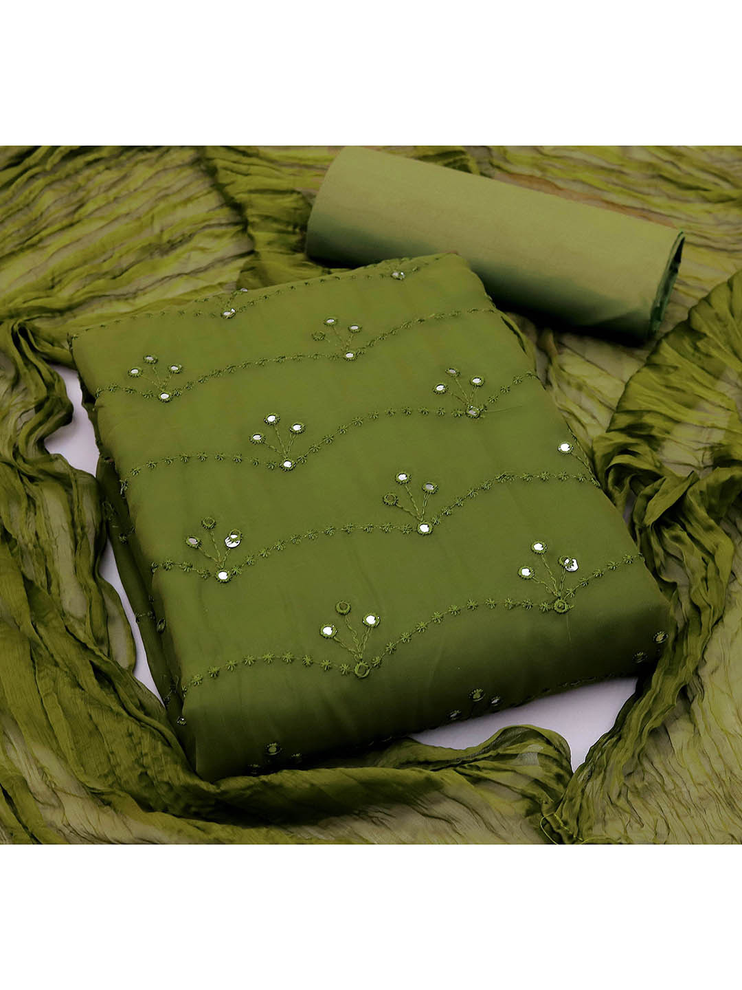 

KALINI Embroidered Silk Georgette Unstitched Dress Material With Dupatta, Olive