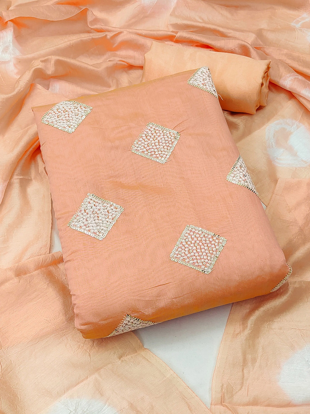 

KALINI Embroidered Unstitched Dress Material With Dupatta, Peach