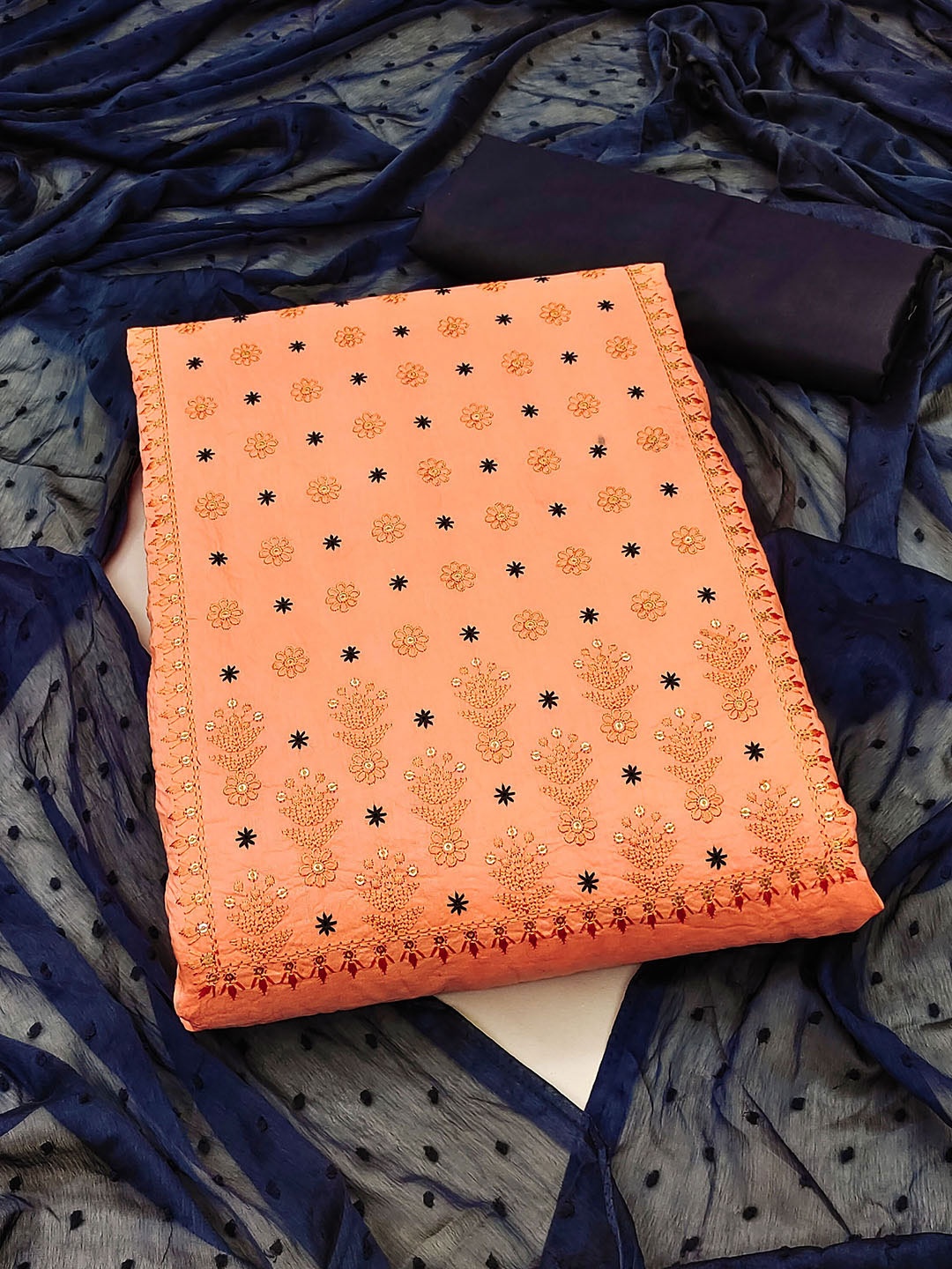 

KALINI Embroidered Pure Cotton Unstitched Dress Material With Dupatta, Peach
