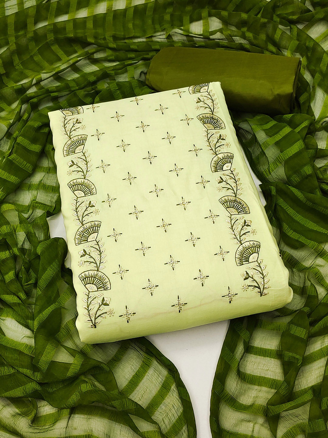 

KALINI Embroidered Pure Silk Unstitched Dress Material With Dupatta, Lime green