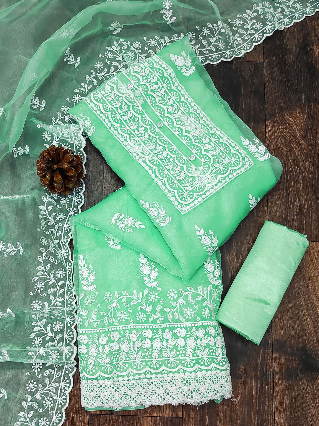

KALINI Embroidered Organza Unstitched Dress Material With Dupatta, Sea green