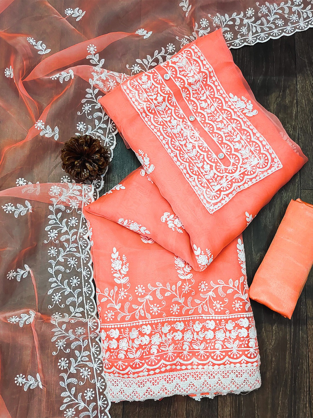 

KALINI Embroidered Organza Unstitched Dress Material With Dupatta, Peach