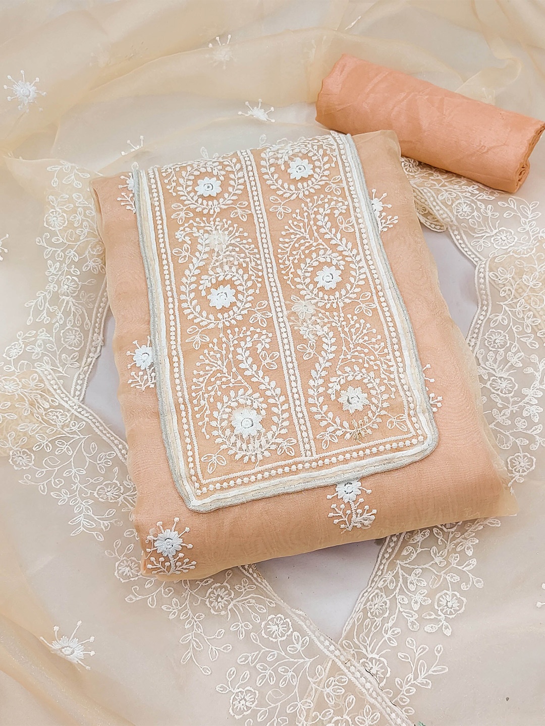 

KALINI Embroidered Organza Unstitched Dress Material With Dupatta, Peach