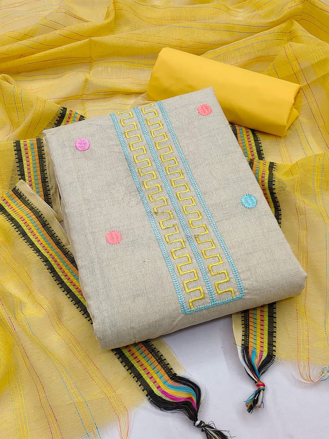 

KALINI Embroidered Pure Cotton Unstitched Dress Material, Beige