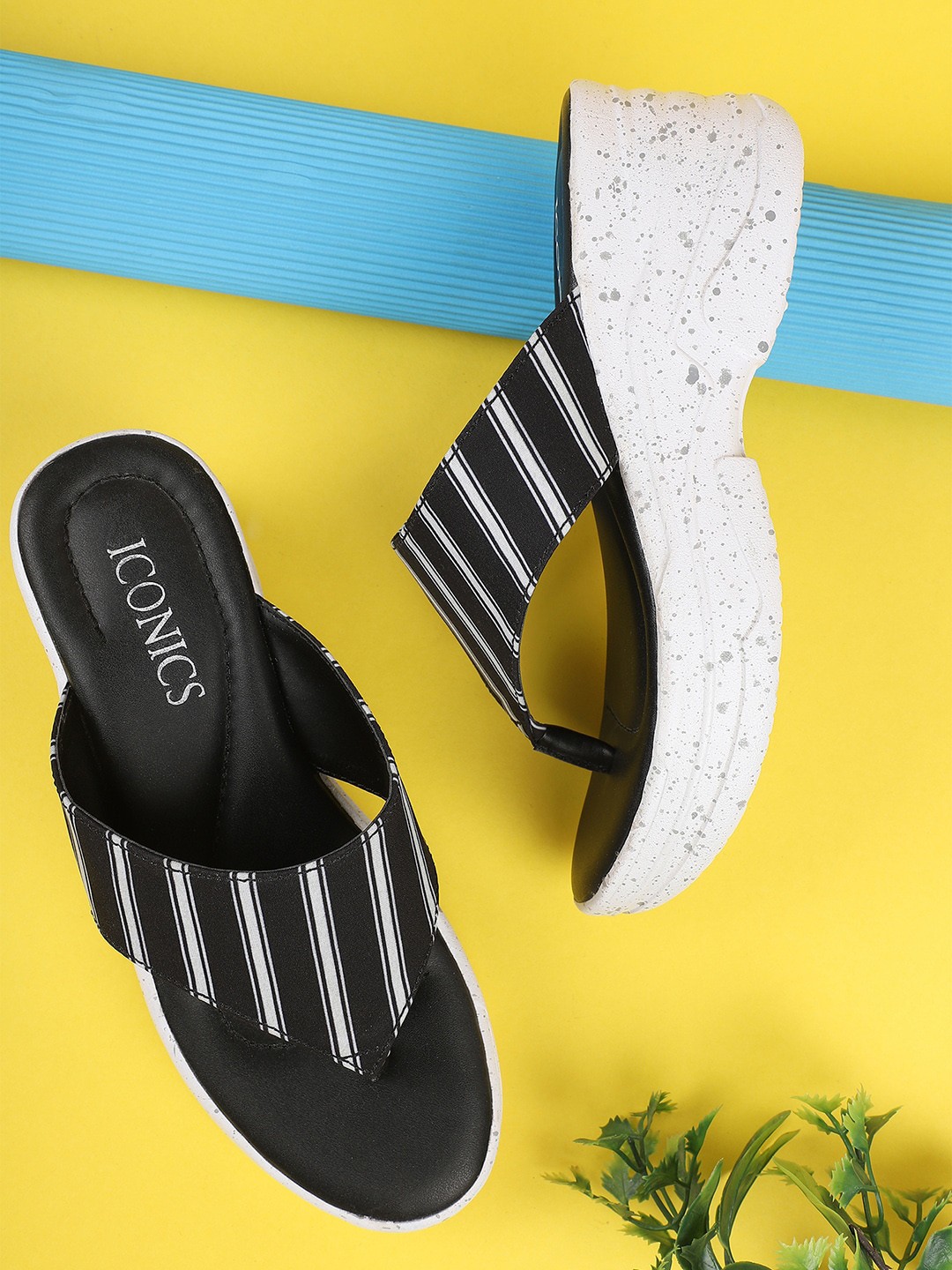 

ICONICS Striped Wedge Open Toe Heels, Black