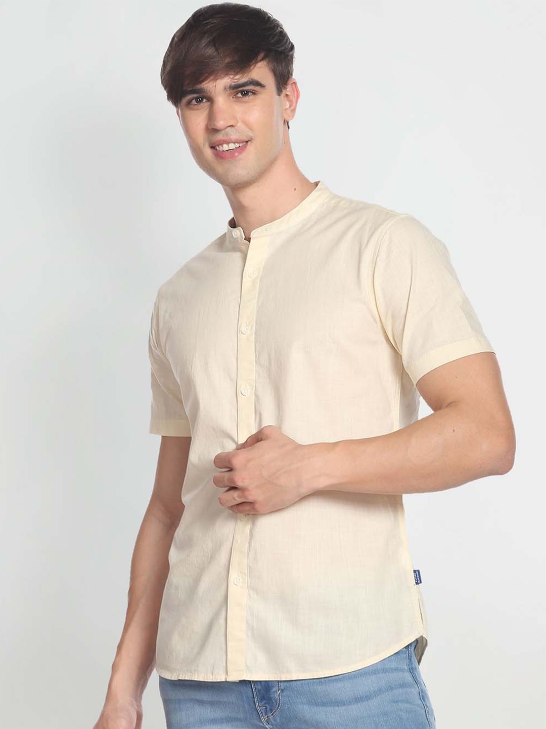 

Flying Machine Men Collarless Slim Fit Casual Shirt, Beige