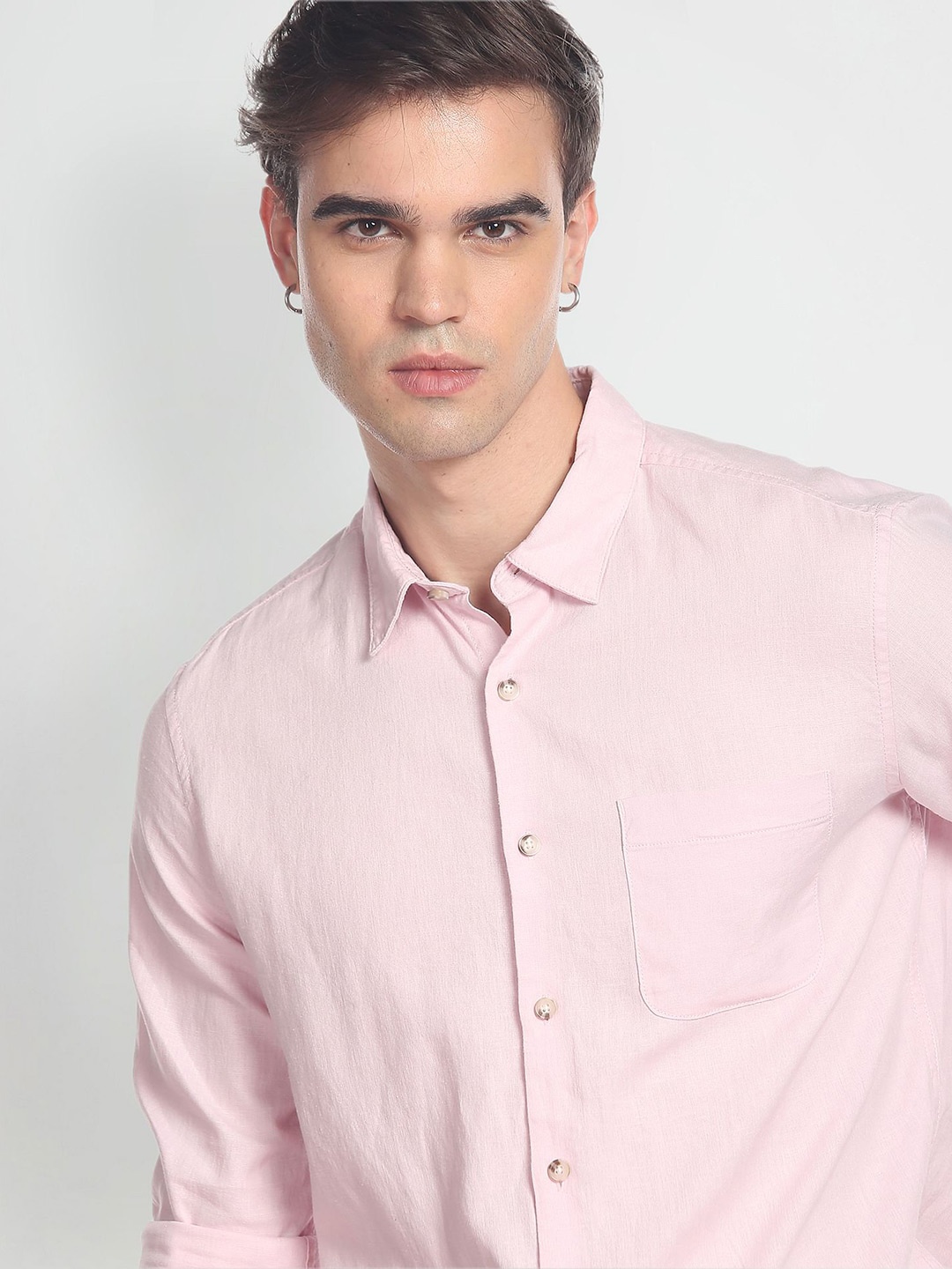 

Flying Machine Solid Linen Blend Casual Shirt, Pink