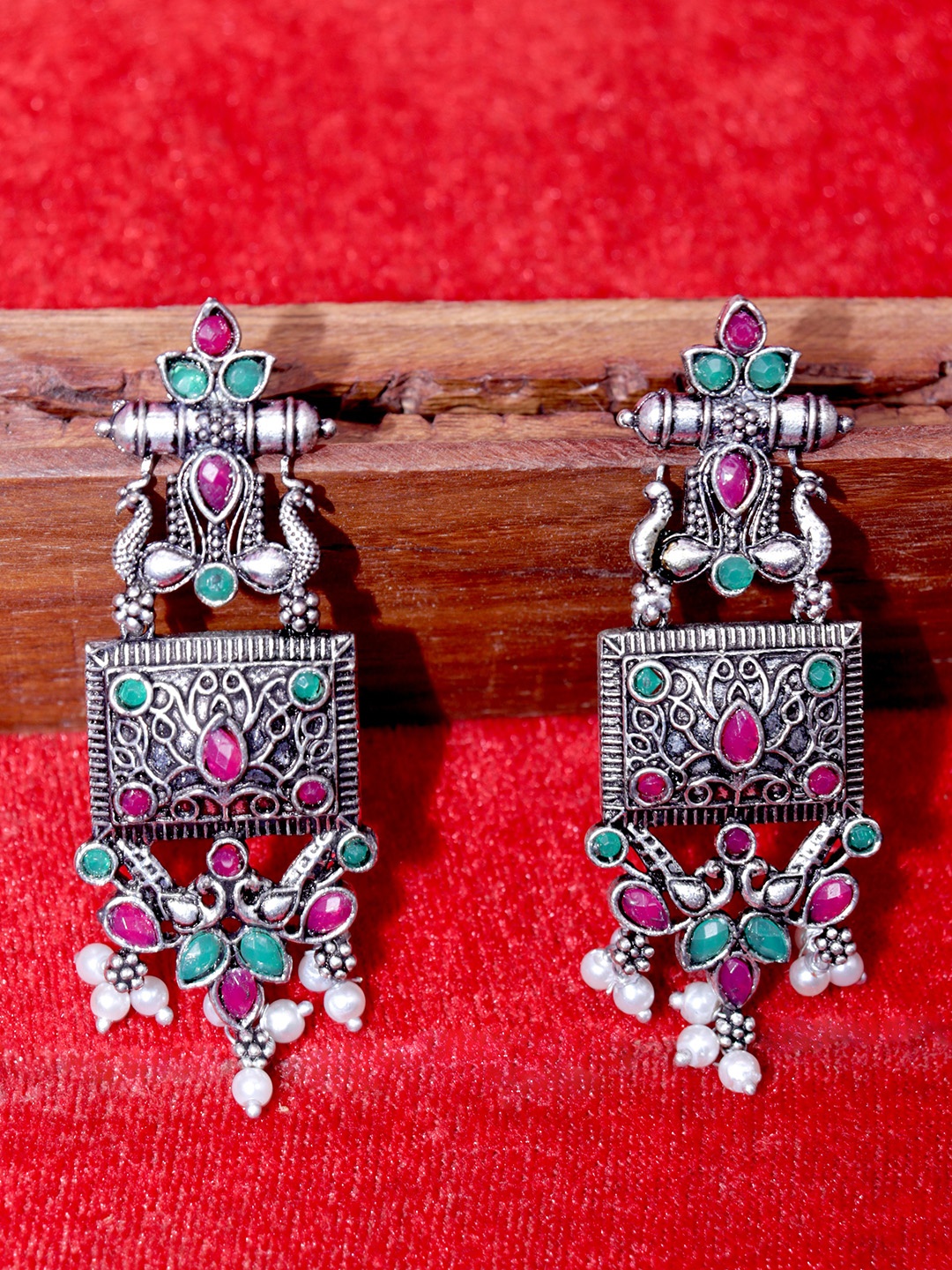 

Krelin Geometric Shaped Stone Studded Oxidised Drop Earrings, Silver